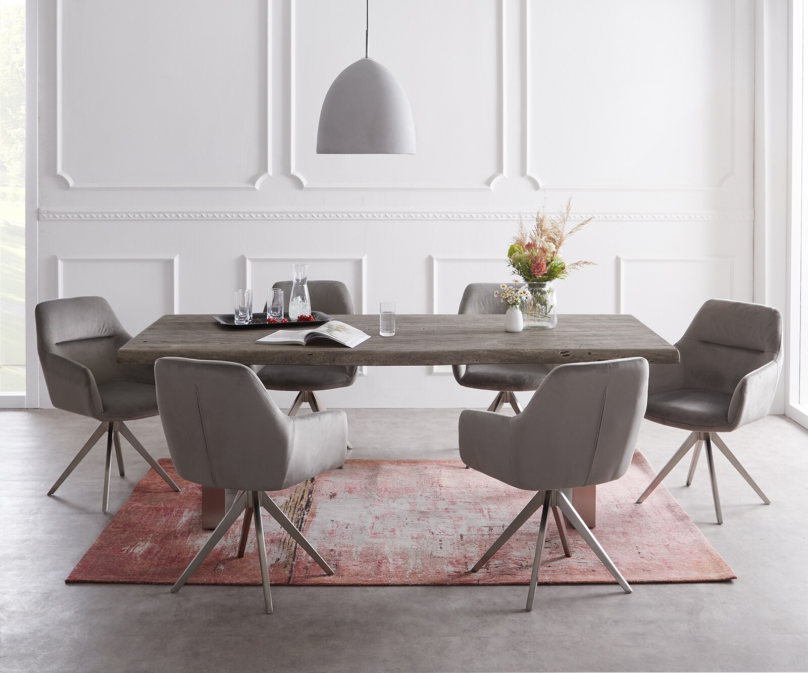 Table-à-manger Edge 200x100 XL acacia platine acier inoxydable mince Live-Edge 1