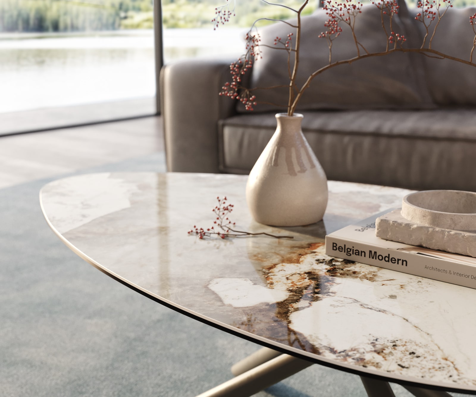 Table basse Edge Organique 140x76 cm céramique Minas Melange Sarity Metall finition effet titane 6