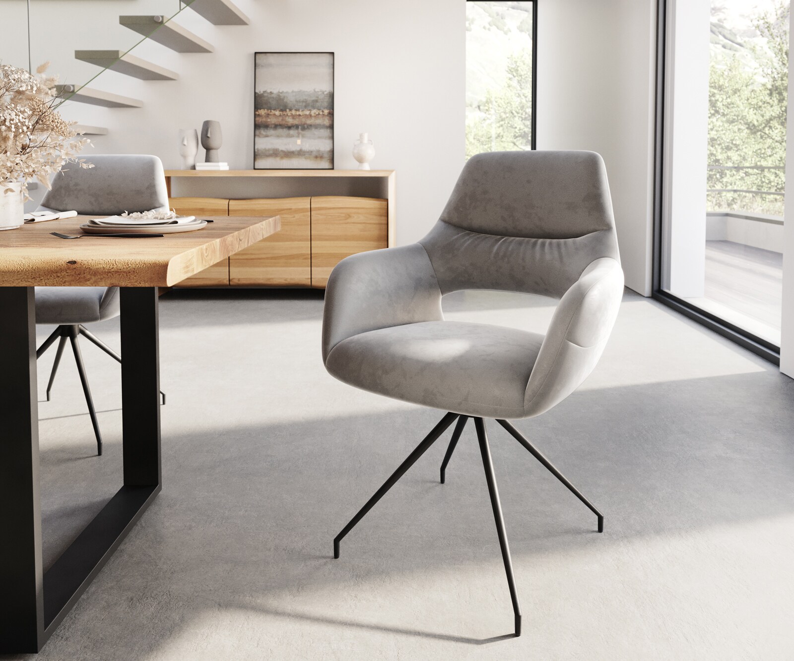 Chaise-de-salle-à-manger Yago-Flex avec accoudoirs velours gris pied croisé conique noir ressorts ensachés