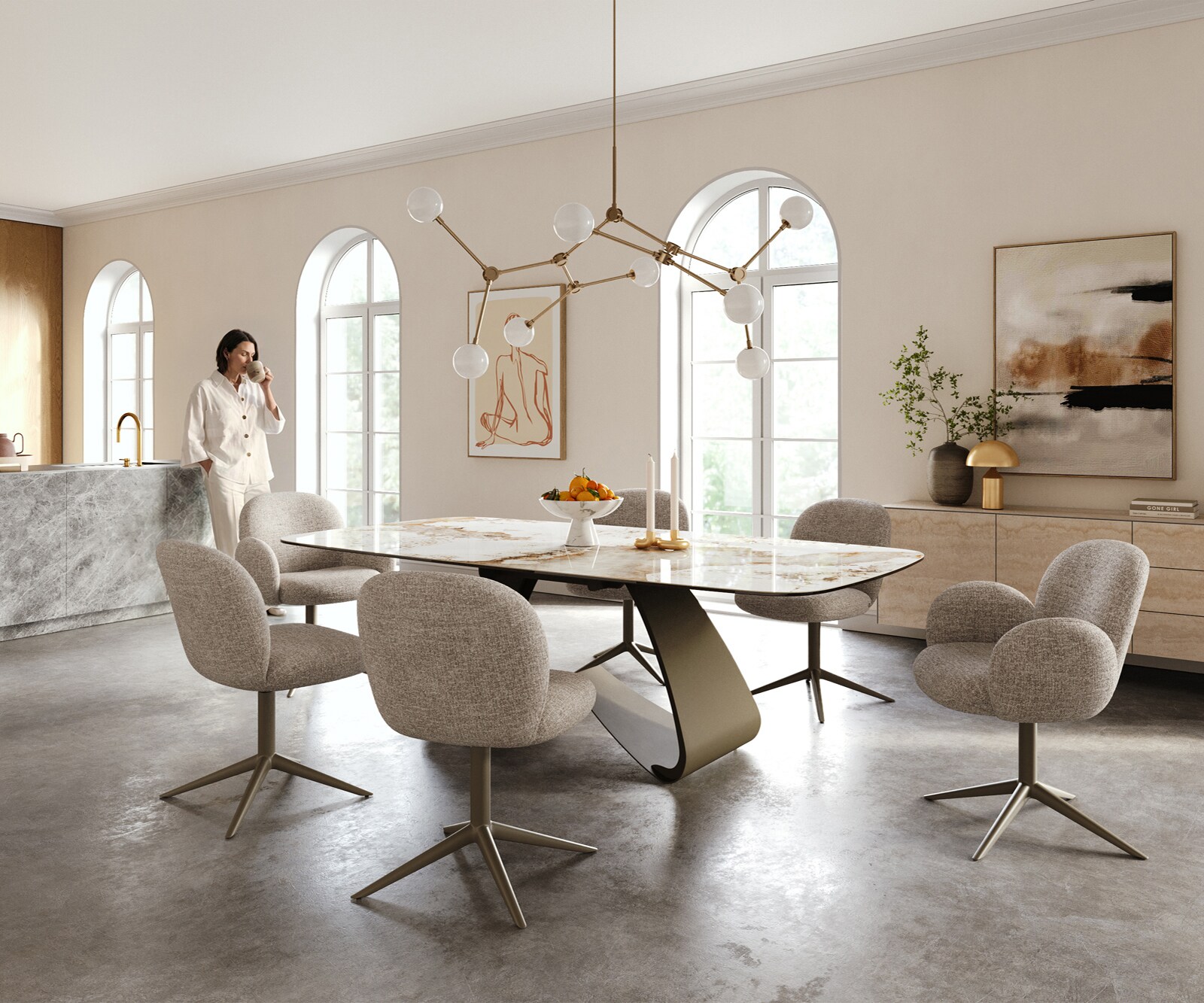 Table à manger Edge Boot 240x120 cm Céramique Minas Melange Blanc-Beige piètement en W Métal Finition effet Titan 6