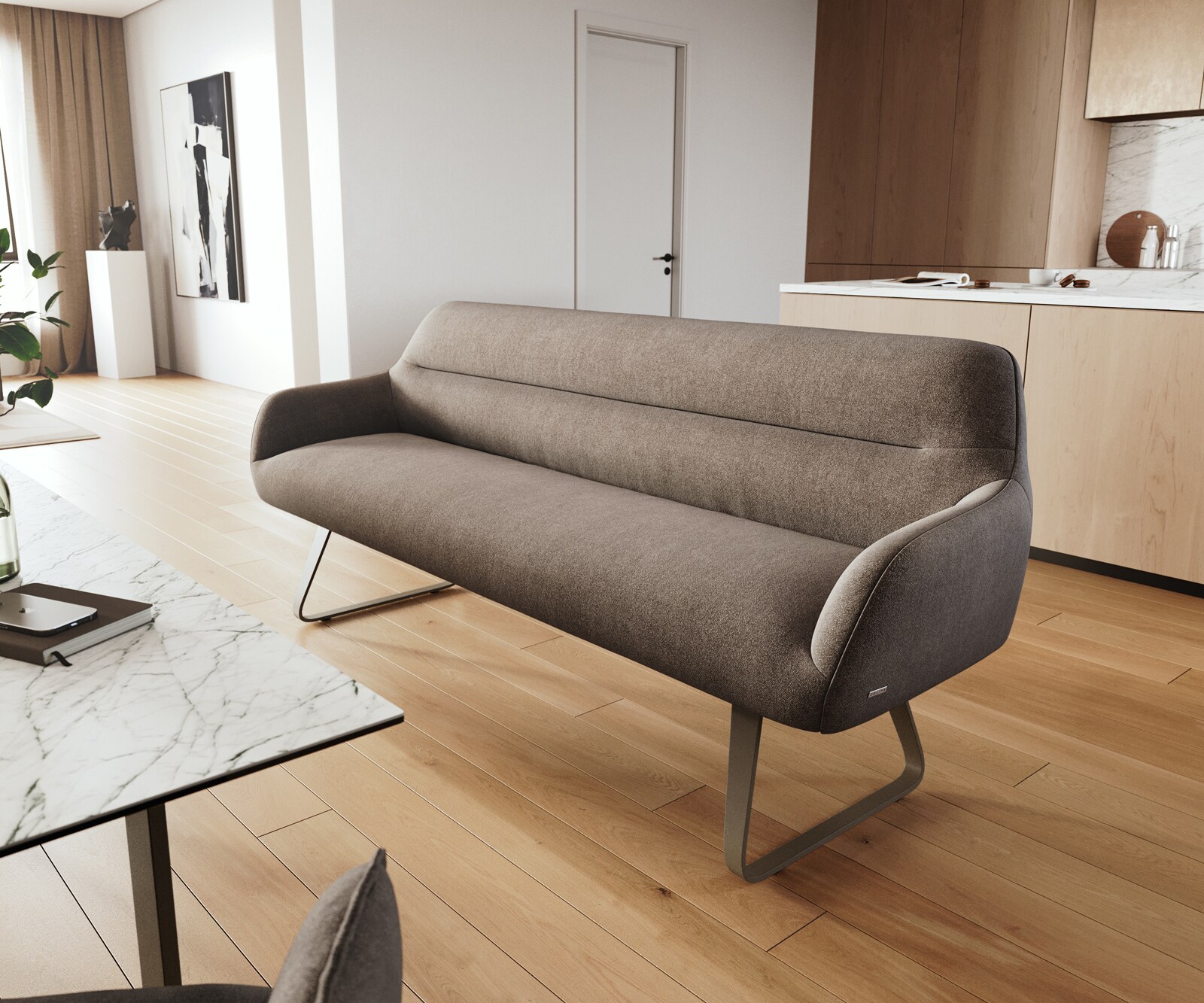 Banc-de-salle-à-manger Taya-Flex 200 cm tissu structuré doux taupe châssis à patins plat titane ressort ensaché