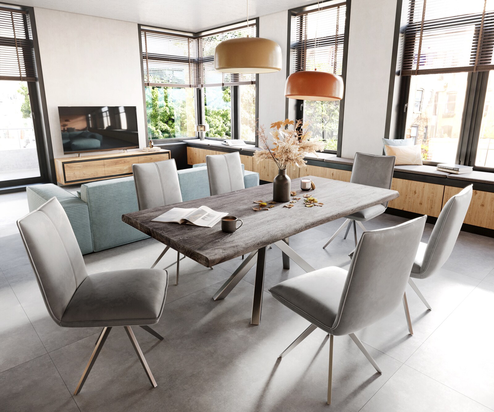 Chaise-de-salle-à-manger Lelio-Flex velours gris pied croisé large acier inoxydable brossé ressorts ensachés 3 Chaise-de-salle-à-manger Lelio-Flex velours gris pied croisé large acier inoxydable brossé ressorts ensachés 3