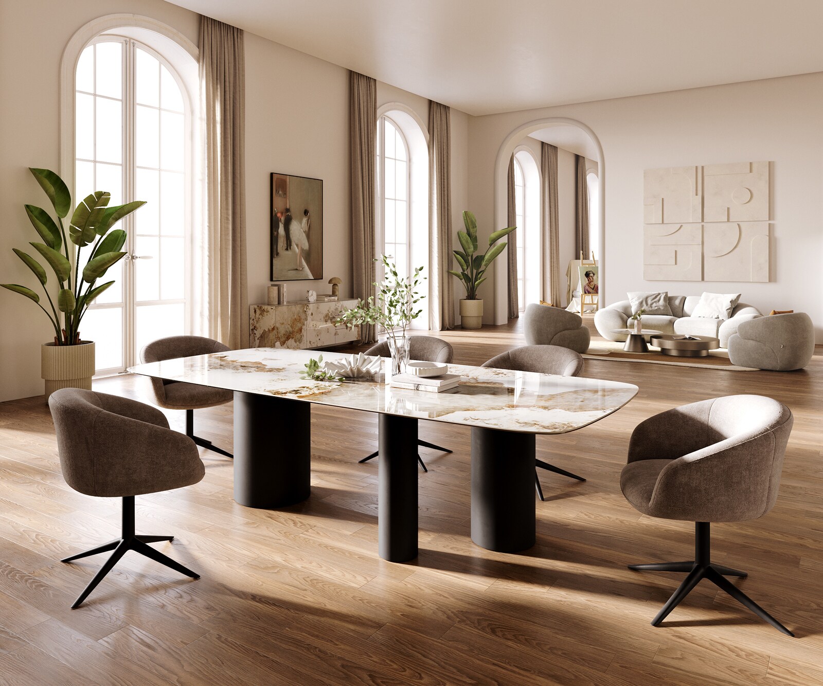 Table à manger Edge Boot 260x120 cm Céramique Minas Melange Blanc-Beige Troa Métal Noir 6