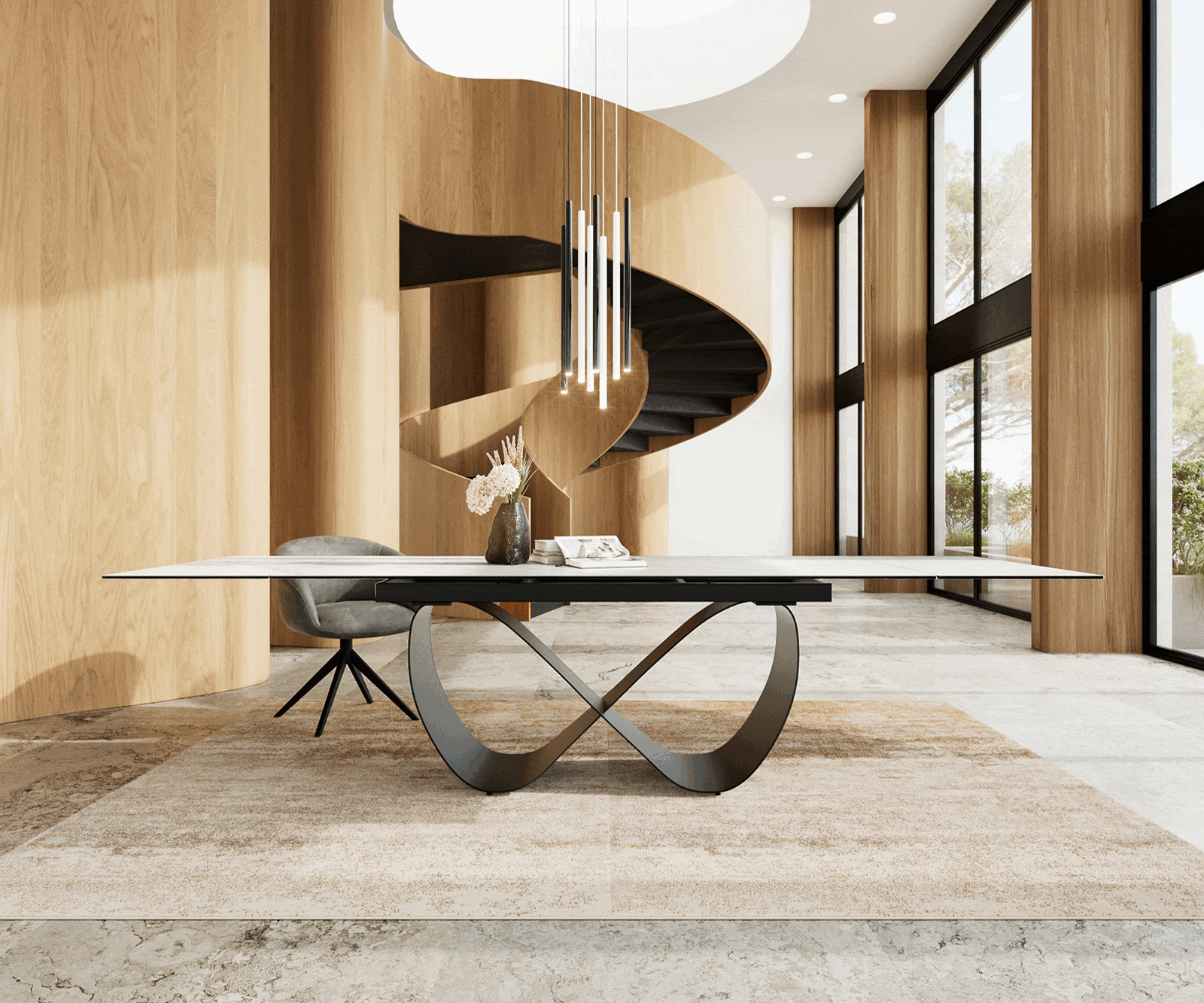 Table à manger Edge 200-300x100 cm Céramique Laminam®Statuarietto Blanc Infinity Métal Noir extensible 2