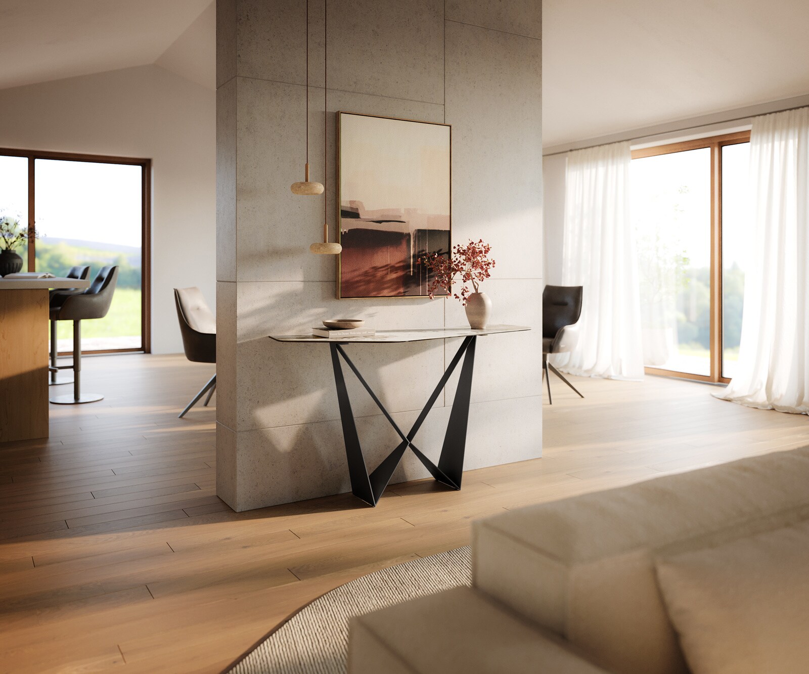 Console Edge Polygonal 140x50 cm Céramique Minas Melange Weiß-Beige Spios Métal Noir 7