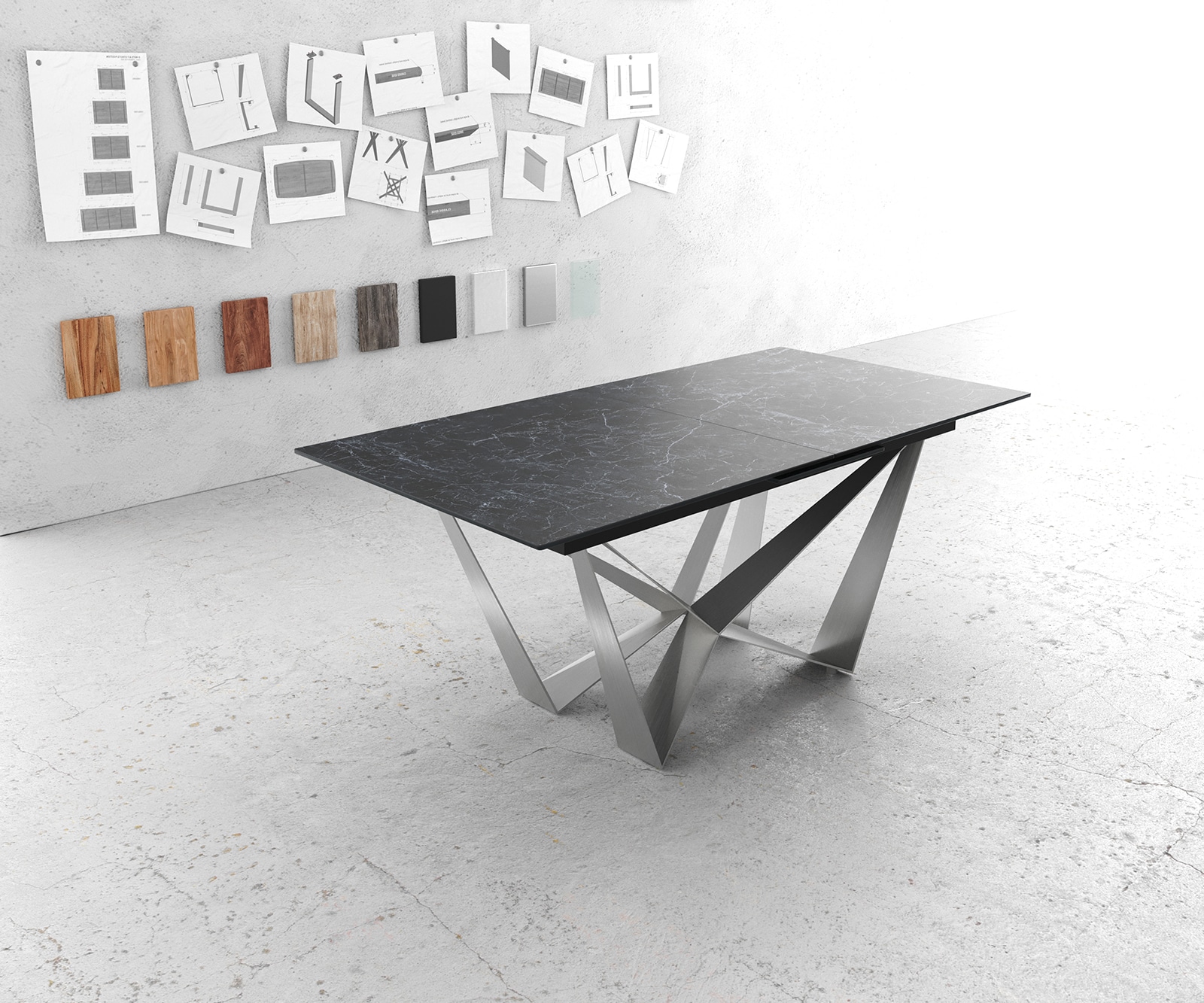 Table-à-manger Edge 180-220x90cm Laminam® céramique gris pieds milieu acier plat argent 1 Table-à-manger Edge 180-220x90cm Laminam® céramique gris pieds milieu acier plat argent 1