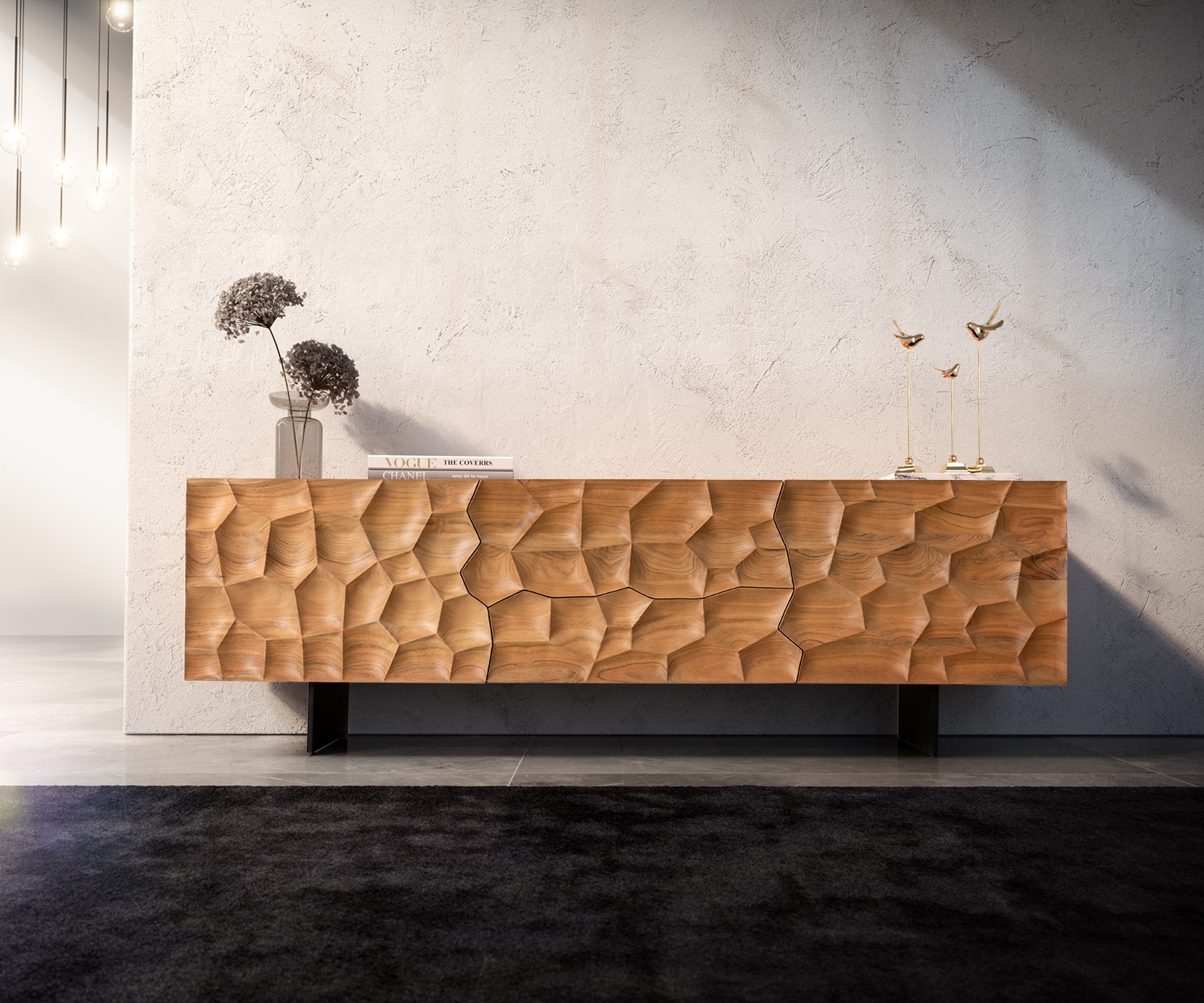 Meuble-TV Solu 175 cm acacia naturel 2 portes 2 tiroirs pied flottant métal noir façade 3D 1 Meuble-TV Solu 175 cm acacia naturel 2 portes 2 tiroirs pied flottant métal noir façade 3D 1