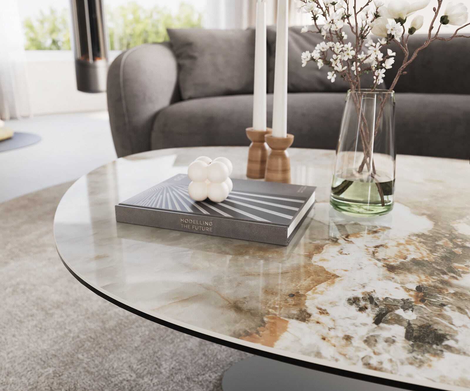 Table basse Edge Oval 140x75 cm céramique Minas Melange Vibany Metall finition effet titane 6