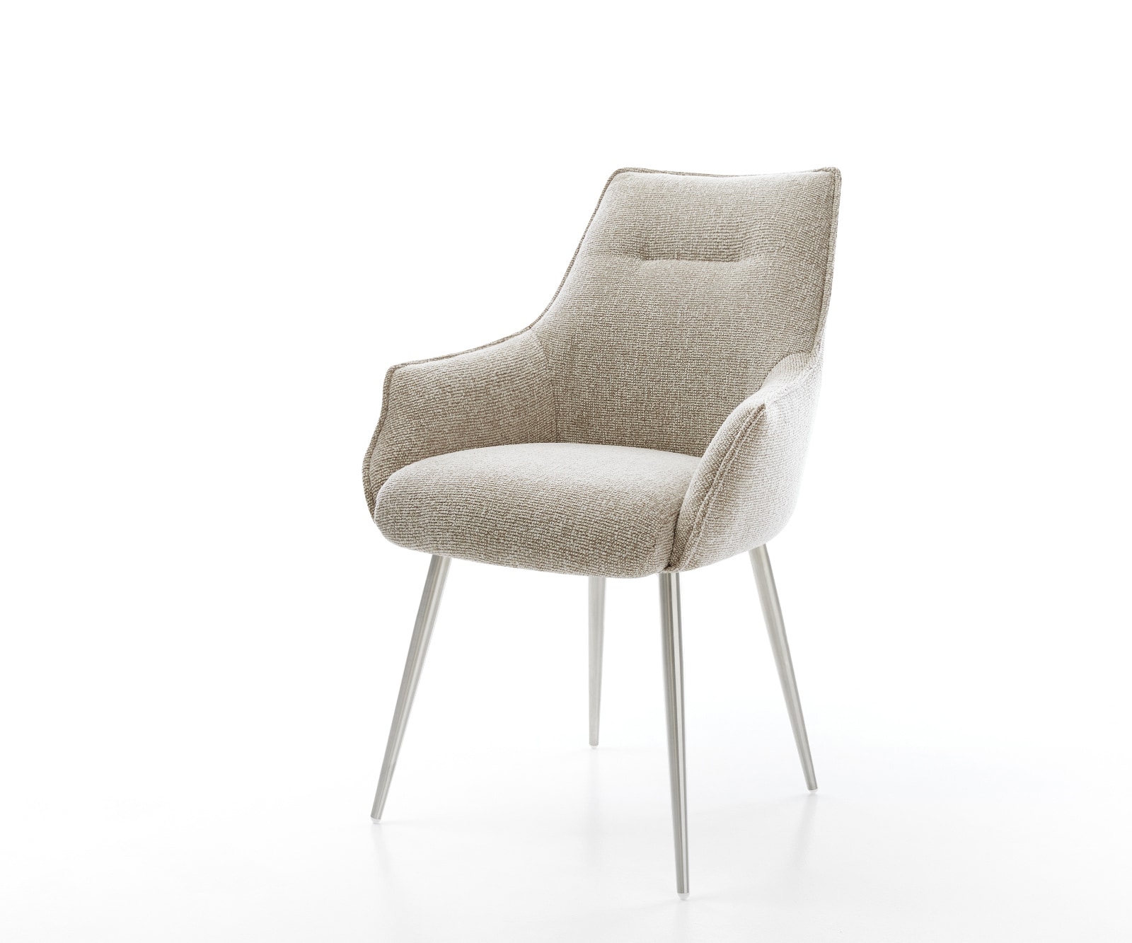 Chaise-de-salle-à-manger Alja-Flex avec accoudoirs tissu tissé doux beige 4 pieds coniques acier inoxydable resorts ensachés