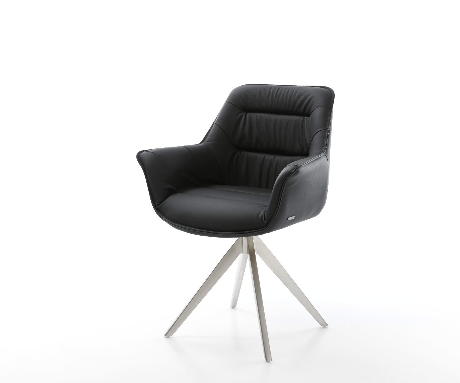 Chaise-de-salle-à-manger Kaira-Flex cuir de vache noir pied croisé angulaire acier inoxydable brossé