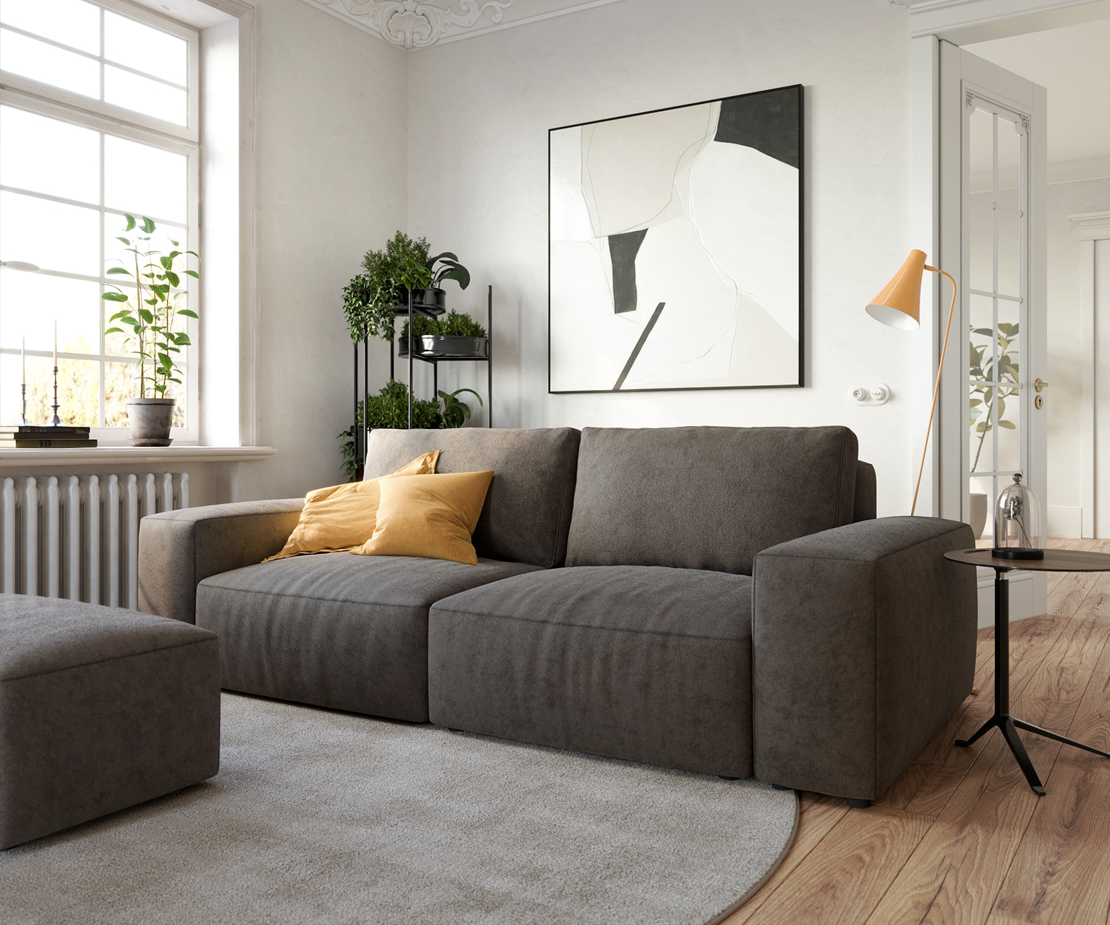Big canapé Lanzo 230x95 cm microfibre brun kaki avec pouf
