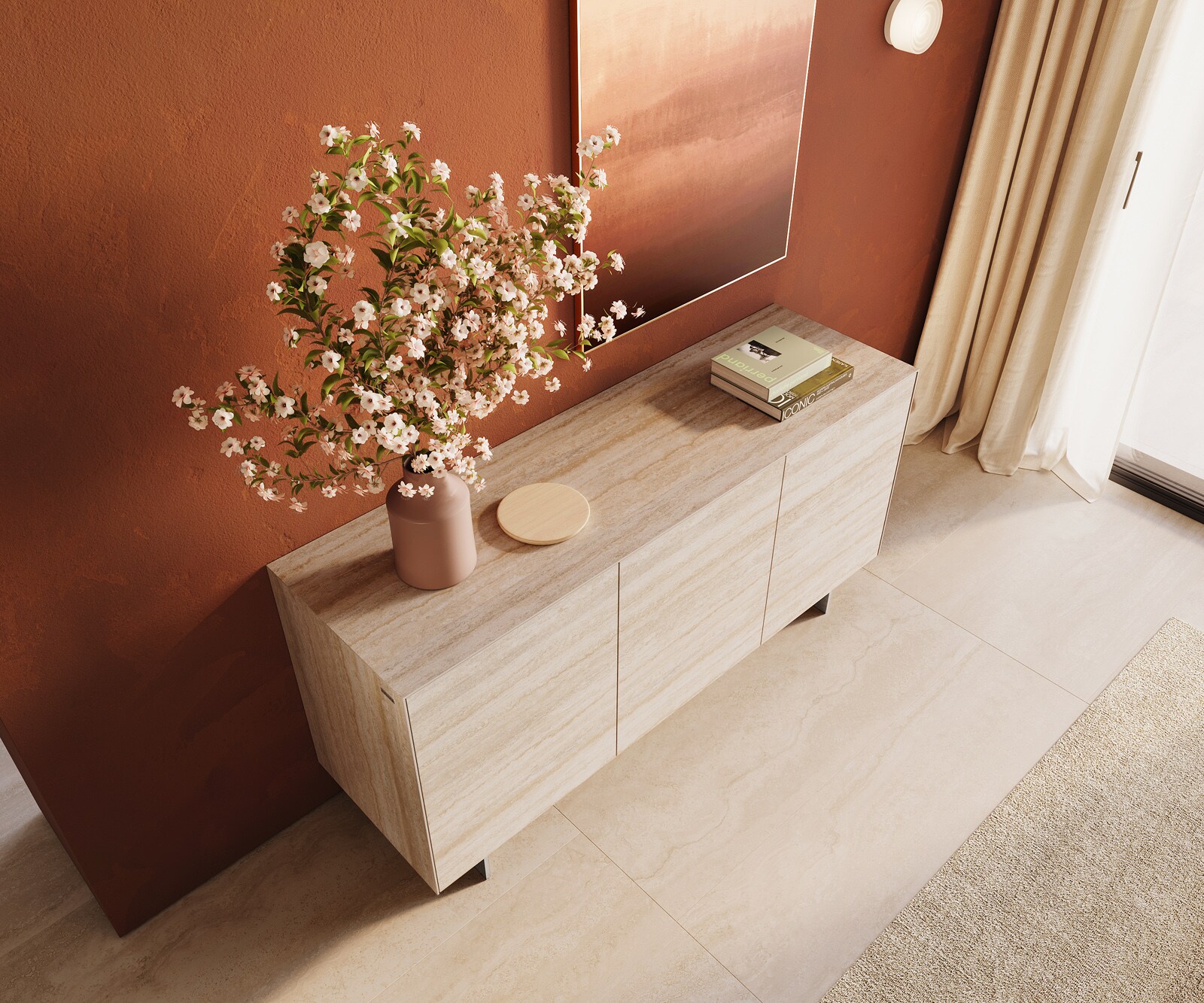Buffet Cuor 150 cm Céramique Laminam® Travertino Bianco Crème-blanc 3 Portes Pied optique flottant Ancier inoxydable 3