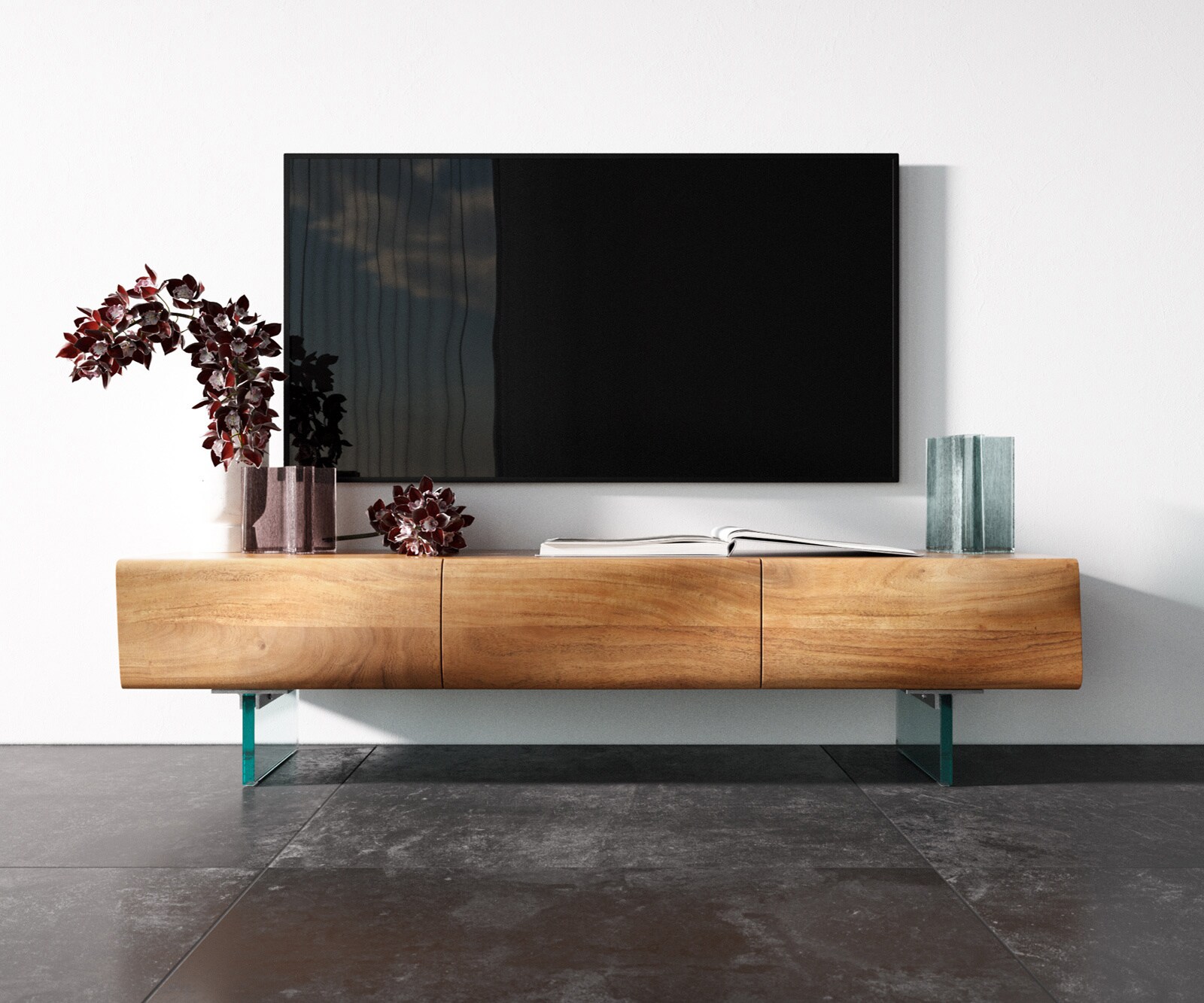 Meuble - TV New Live-Edge 145 cm acacia naturel 3 portes pied en verre 3