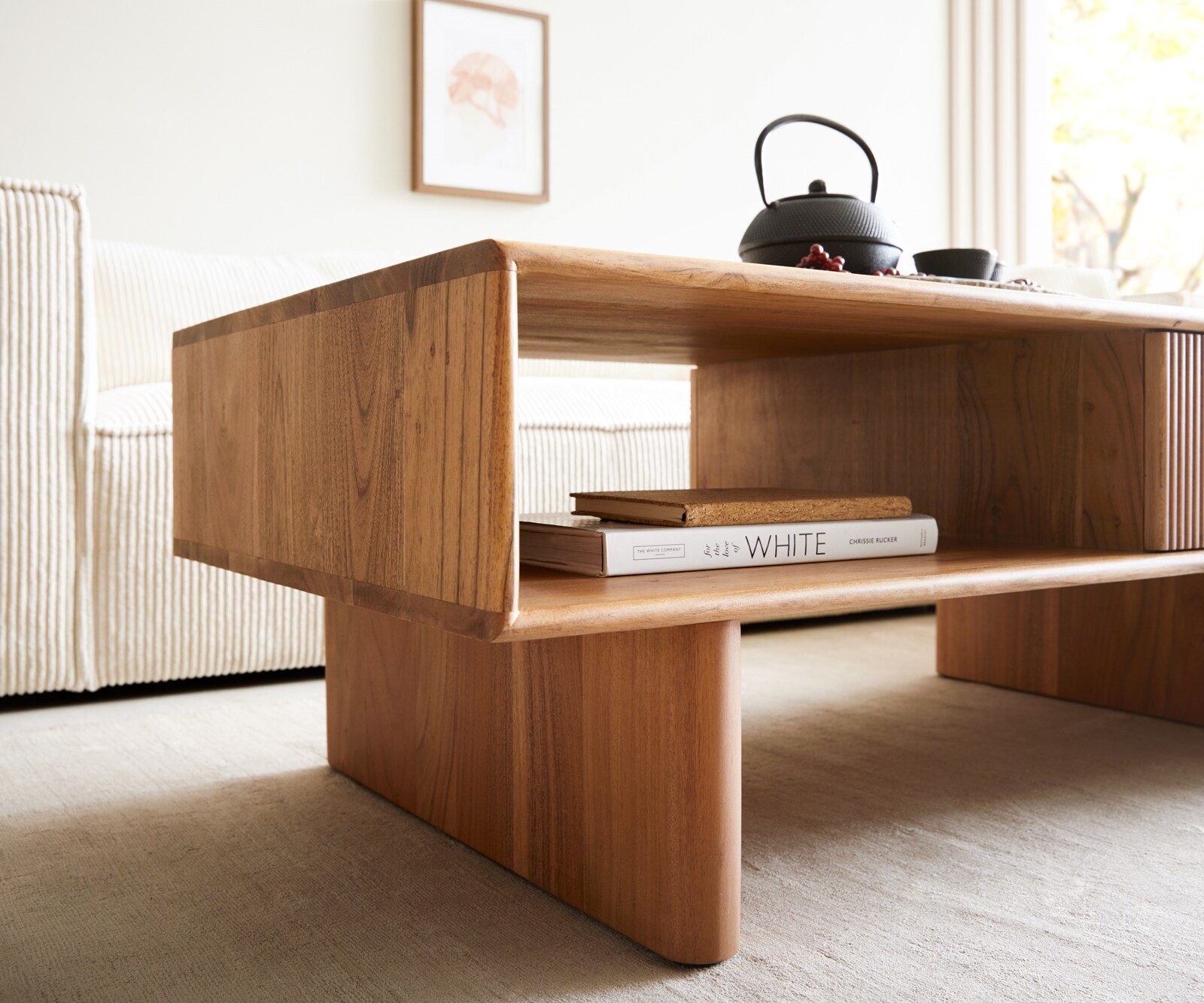 Table-basse Surimu 115x60 cm acacia brun clair 2 tiroirs liège-poignée pieds en bois 4