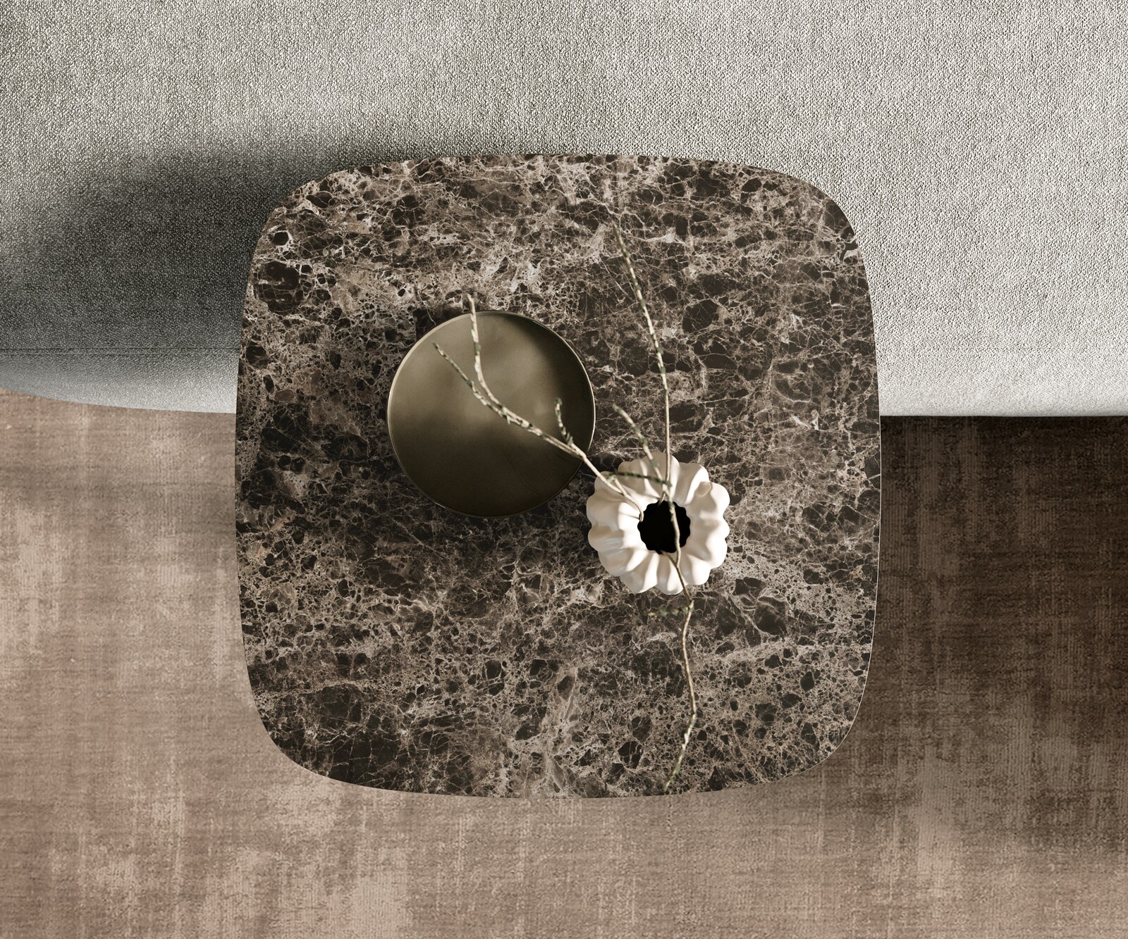 Table basse Edge Boot 50x50 cm céramique Laminam® Emperador Extra Lucidato brun foncé Eleny Metall finition effet titane 4