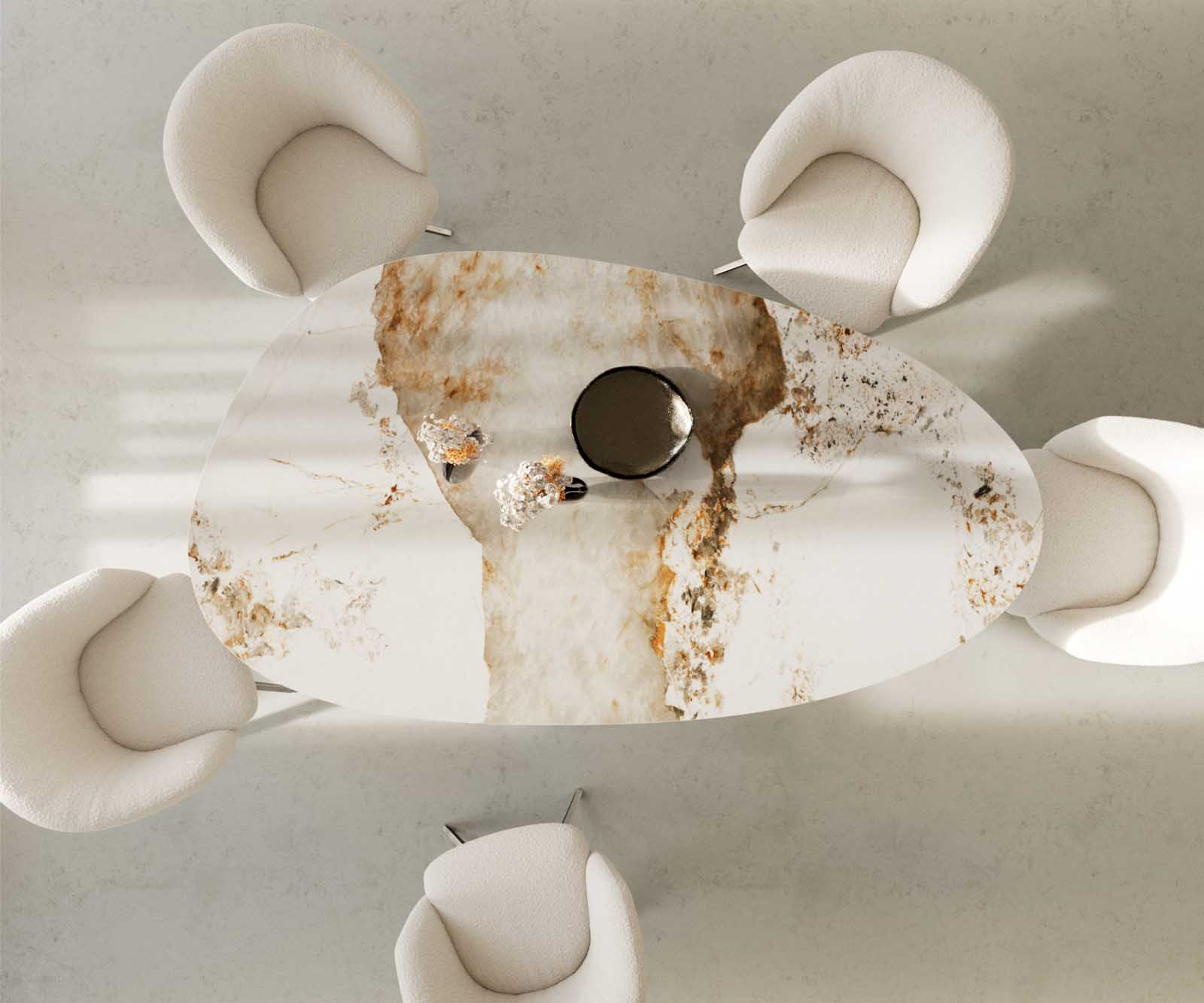 Table à manger Edge Oval 220x120 Céramique Minas Melange Blanc-Beige Pilier Acier inoxydable 4