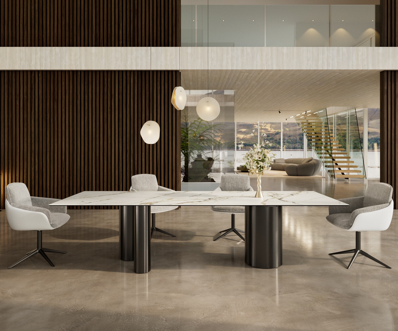 Table à manger Edge 300x100 Céramique Calacatta Luxe Blanc-Doré-Gris Troa Acier inoxydable Graphite