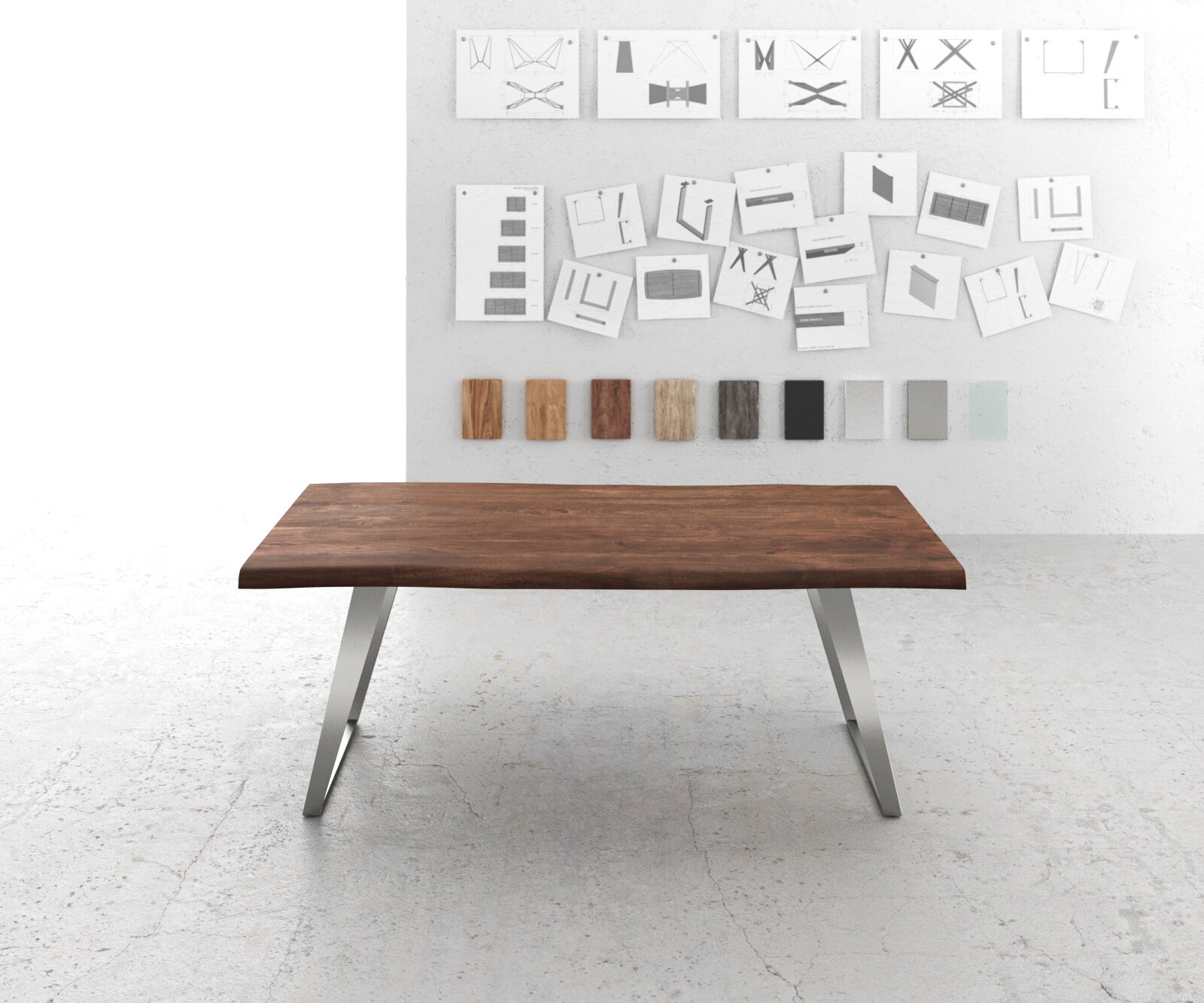 Table-à-manger Edge 200x100 XL acacia marron acier inoxydable incliné Live-Edge 1 Table-à-manger Edge 200x100 XL acacia marron acier inoxydable incliné Live-Edge 1