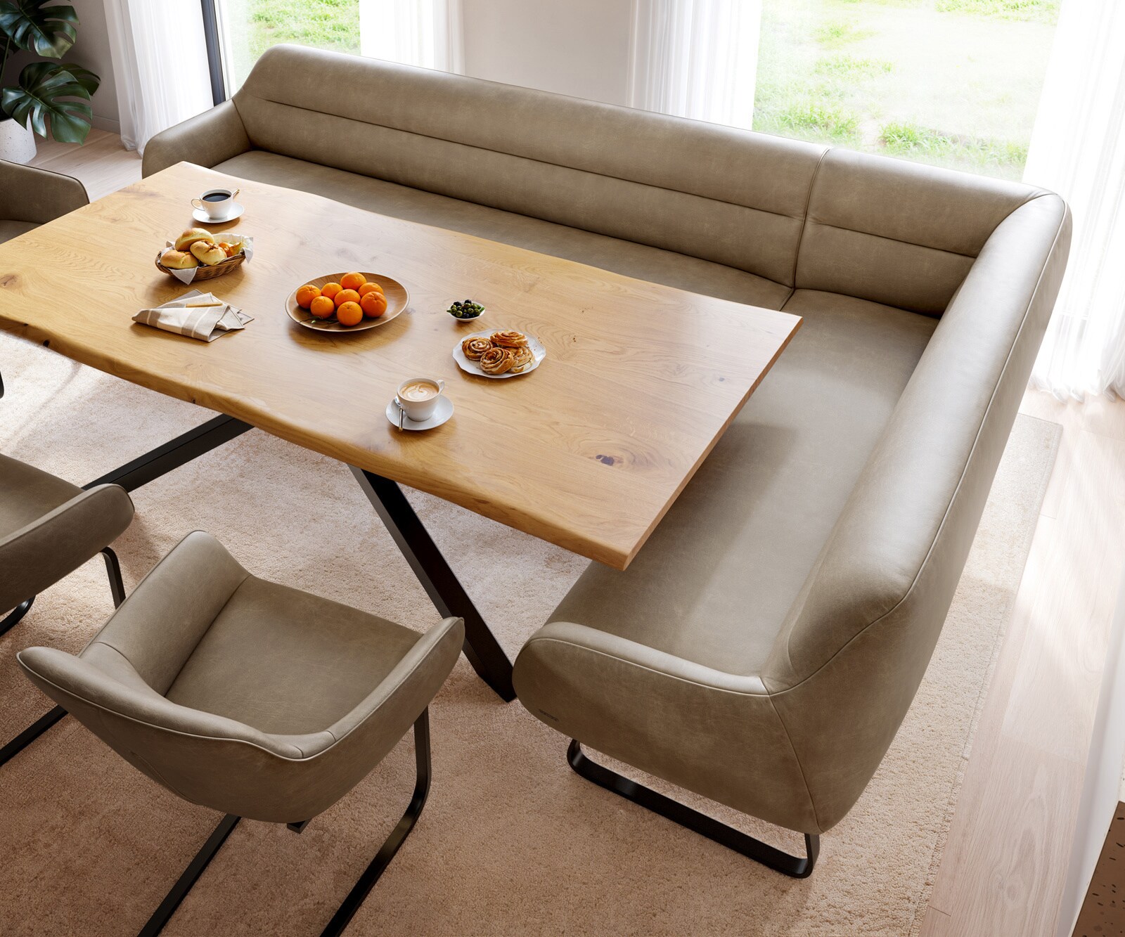 Banc-de-salle-à-manger Taya-Flex 285x190 cm microfibre beige vintage châssis à patins plat noir ressort ensaché liens 4