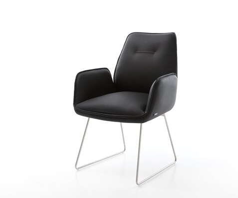 Chaise-de-salle-à-manger Zoa-Flex cuir de vache noir pied trapèze acier inoxydable brossé ressorts ensachés
