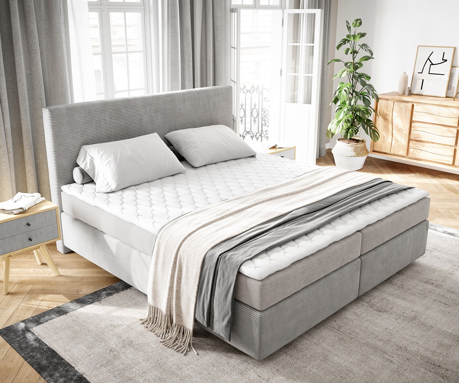Lit-à-sommier-tapissier Dream-Well 180x200 cm velours côtelé gris argenté avec matelas et surmatelas  3