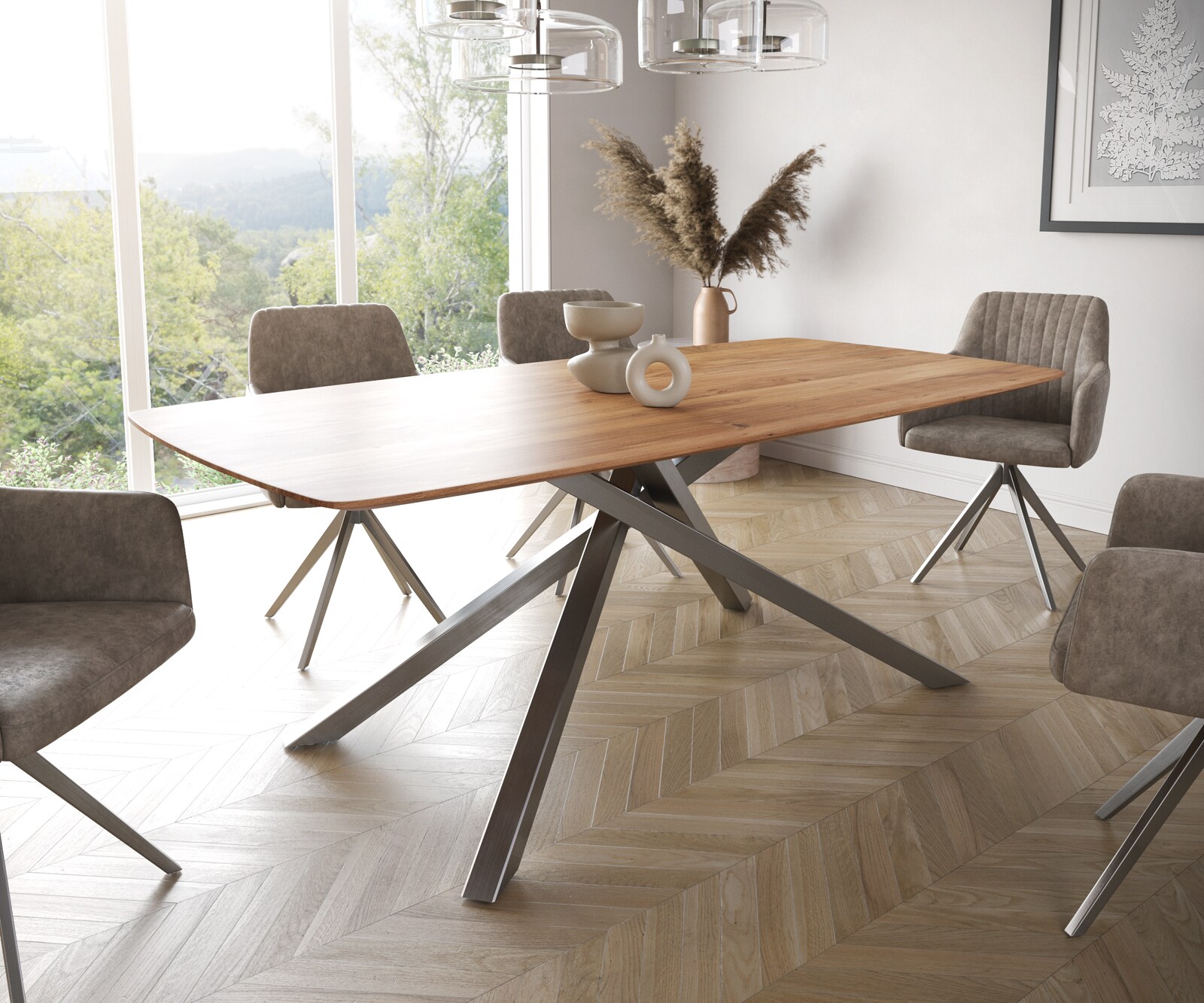 Table à manger Edge Boot 200x100 acacia nature cadre croisé rectangle acier inoxydable bord suisse
