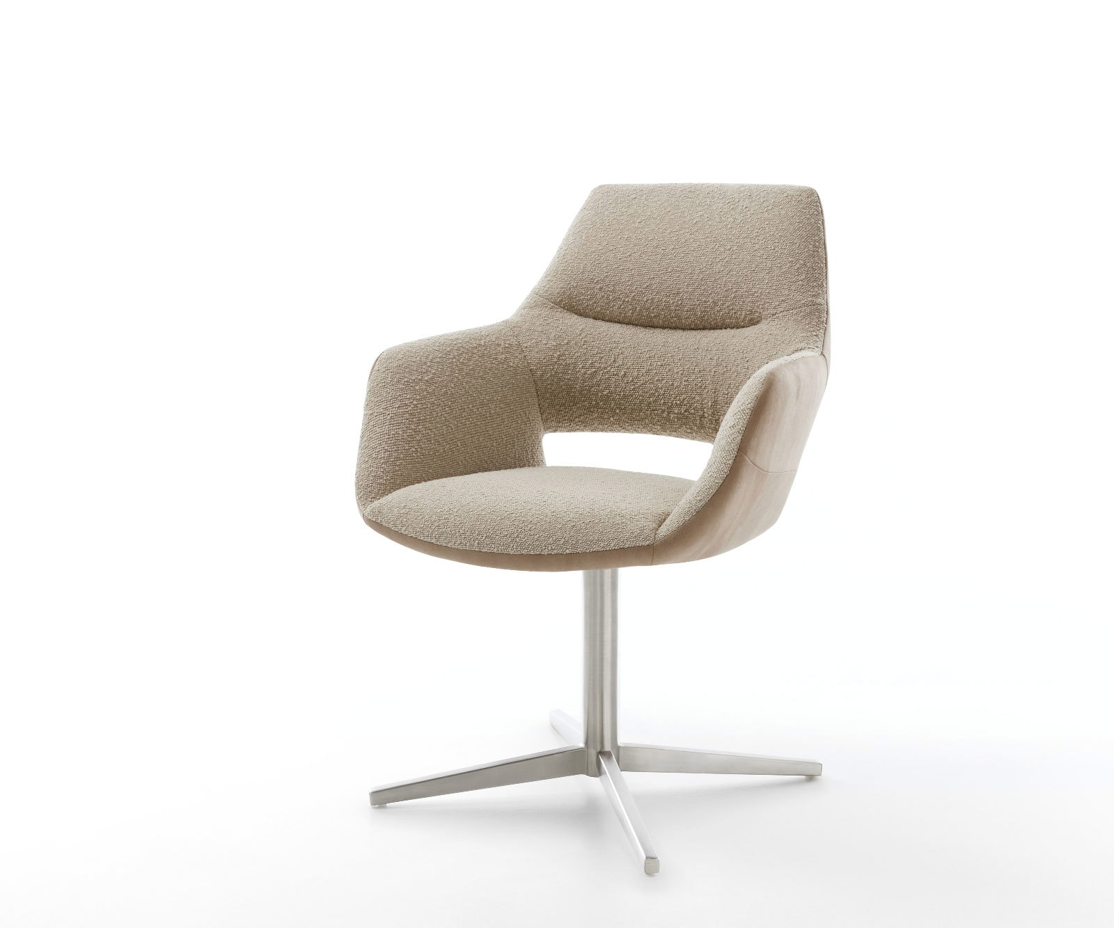 Chaise-pivotante Yago-Flex avec accoudoirs tissu mixte couleur boue pied de chaise 4 branches acier inoxydable brossé pivotement sur 360° ressorts ensachés Chaise-pivotante Yago-Flex avec accoudoirs tissu mixte couleur boue pied de chaise 4 branches acier inoxydable brossé pivotement sur 360° ressorts ensachés