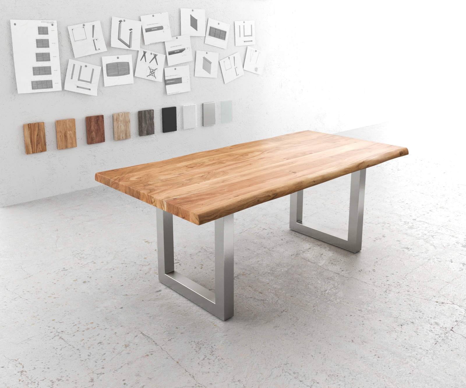 Table-à-manger Edge 200x100 XL acacia nature acier inoxydable large Live-Edge Table-à-manger Edge 200x100 XL acacia nature acier inoxydable large Live-Edge