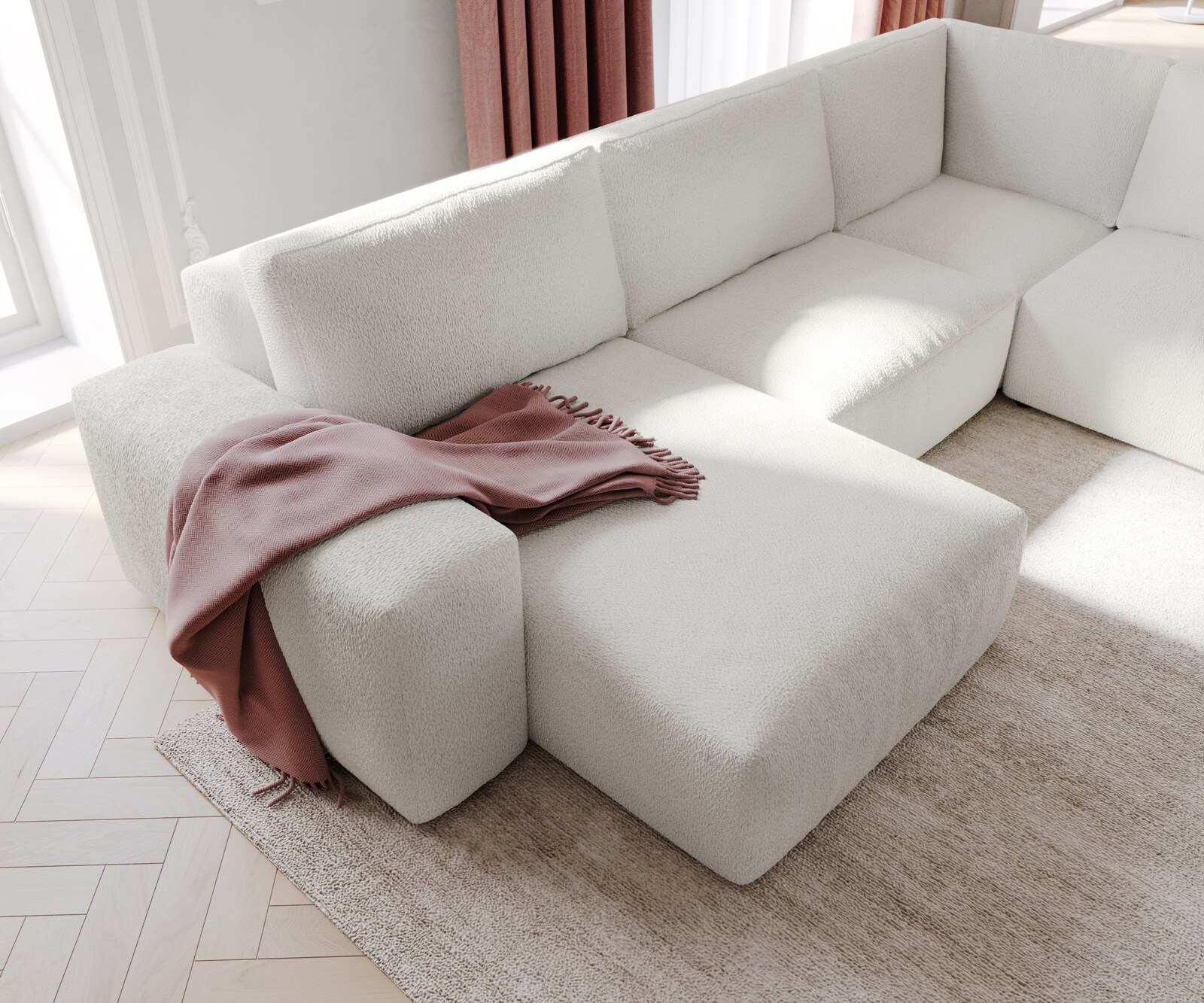 Grand canapé d’angle Lanzo 300x210 cm bouclé blanc crème méridienne réversible avec pouf 4
