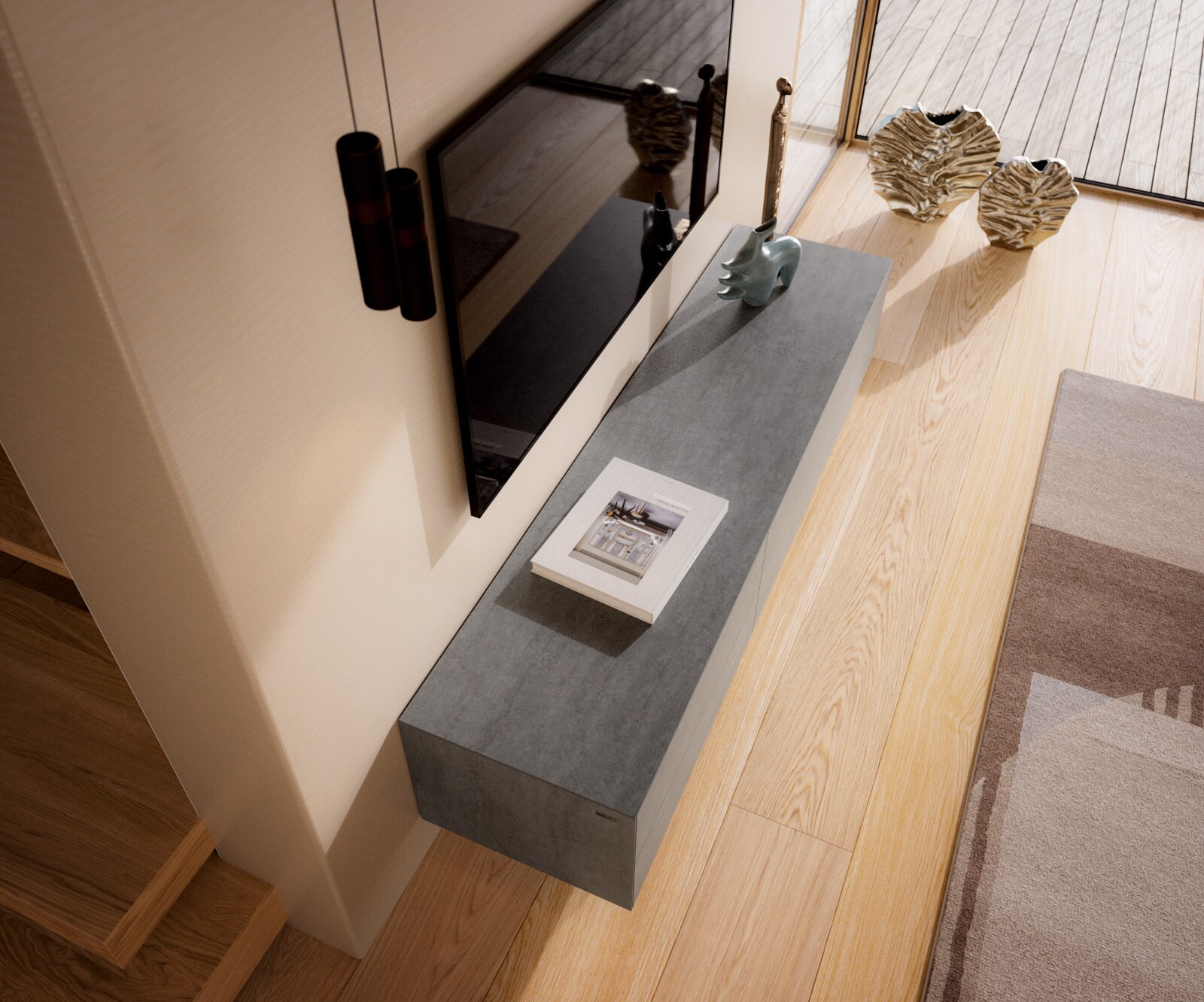 Meuble-TV Cuor 180 cm Céramique Béton gris 1 Clapet 2 Tiroirs Pied optique flottant Métal Noir 4