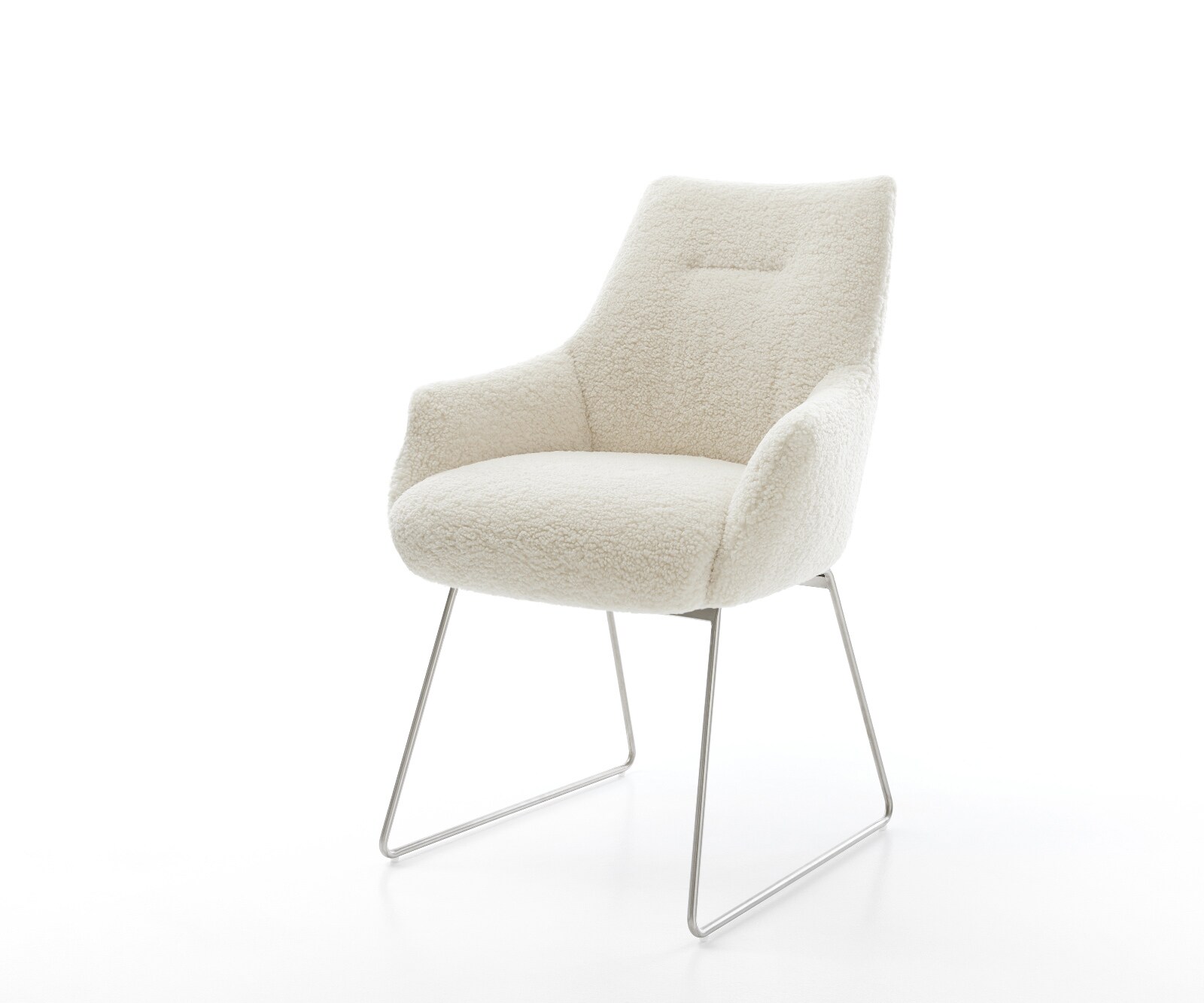 Chaise-de-salle-à-manger Alja-Flex avec accoudoirs tissu teddy beige pied trapèze acier inoxydable resorts ensachés 1