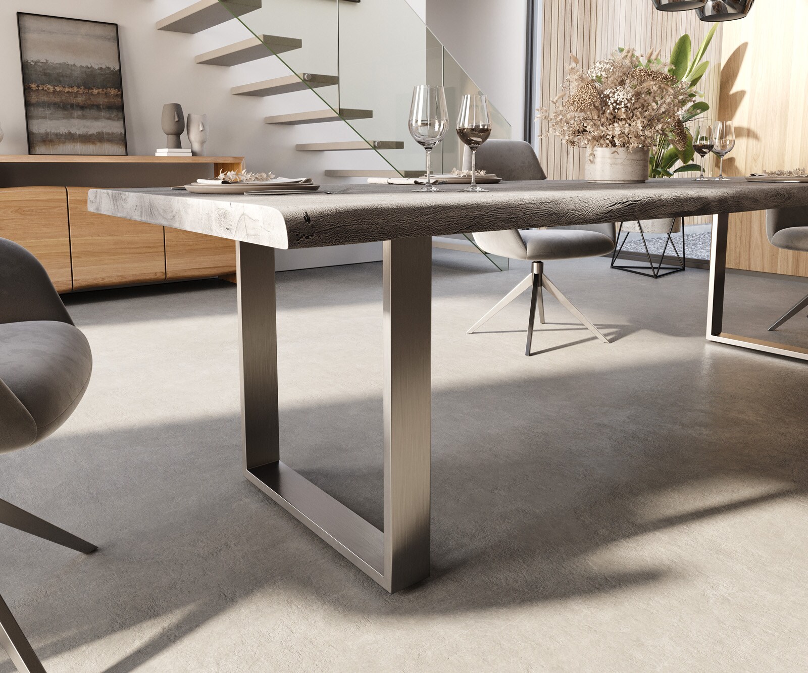 Table-à-manger Edge 300x100 XL acacia platine acier inoxydable mince Live-Edge 5