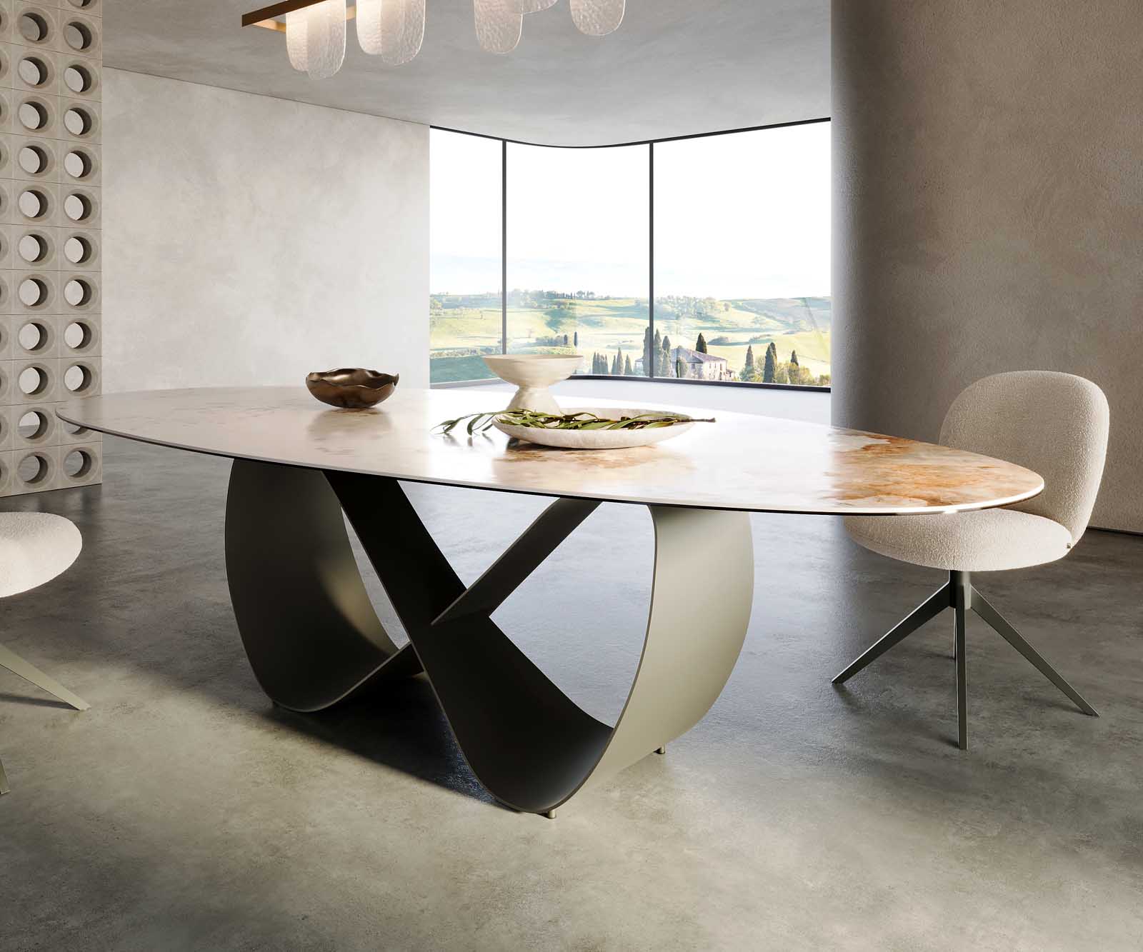 Table à manger Edge Oval 280x130 Céramique Minas Mélange Blanc-Beige Infinity Métal Effet Titane 5