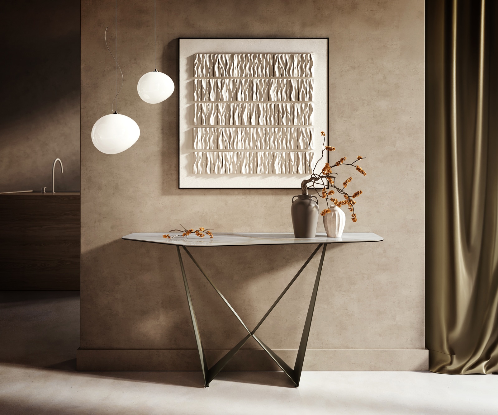 Console Edge Polygonal 140x50 cm Céramique Onyx Pearl Spios Métal Effektfinish Titan 1