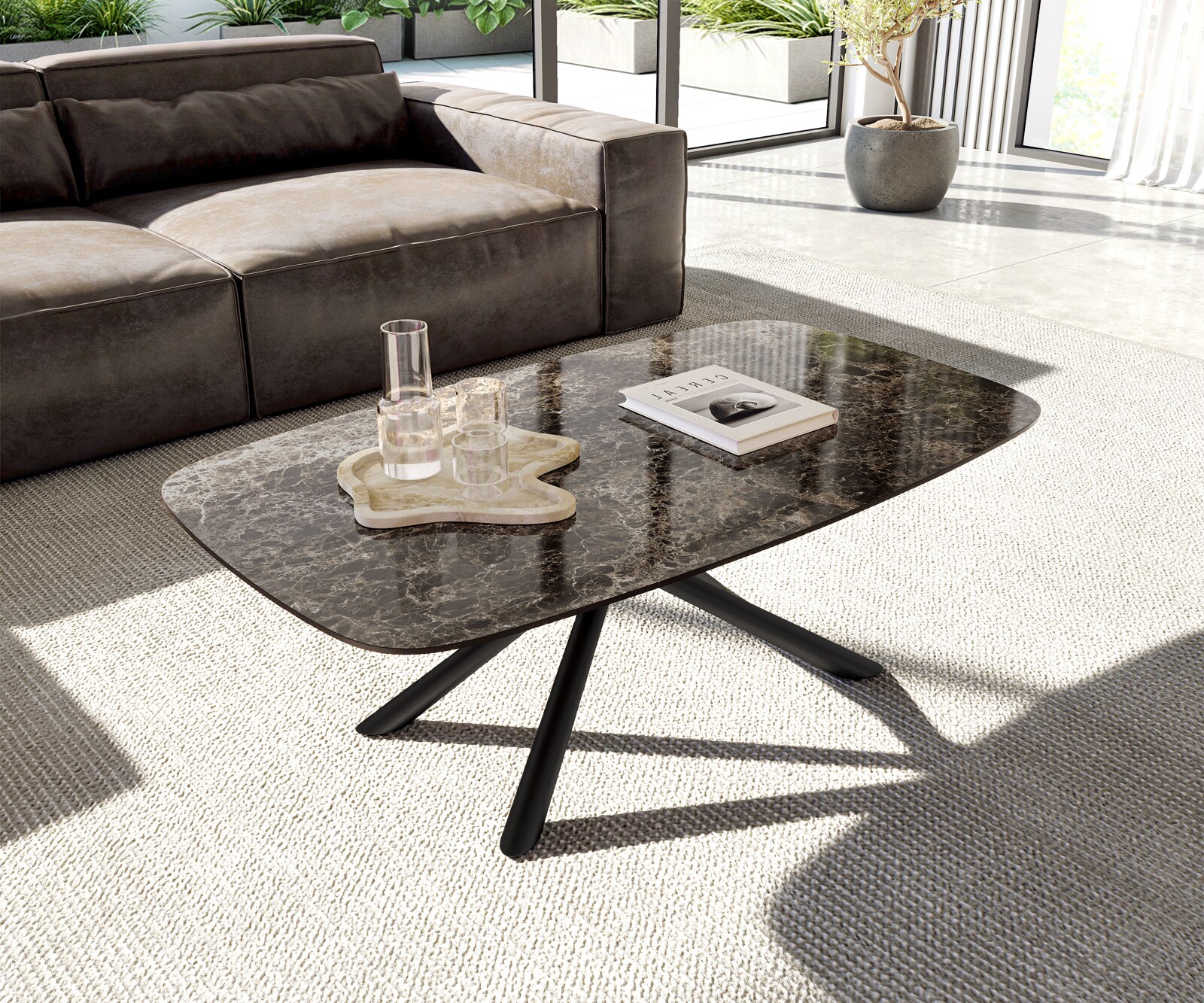 Table basse Edge Boot 120x70 cm céramique Laminam® Emperador Extra Lucidato brun foncé Sarity métal noir 1