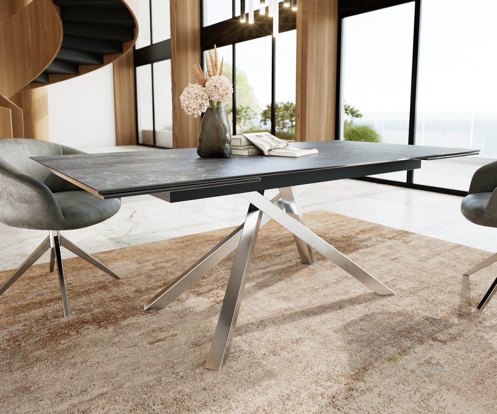 Table à manger Edge 200-300x100 céramique Laminam®Nero Greco gris cadre croisé rectangulaire acier inoxydable extensible 4 Table à manger Edge 200-300x100 céramique Laminam®Nero Greco gris cadre croisé rectangulaire acier inoxydable extensible 4