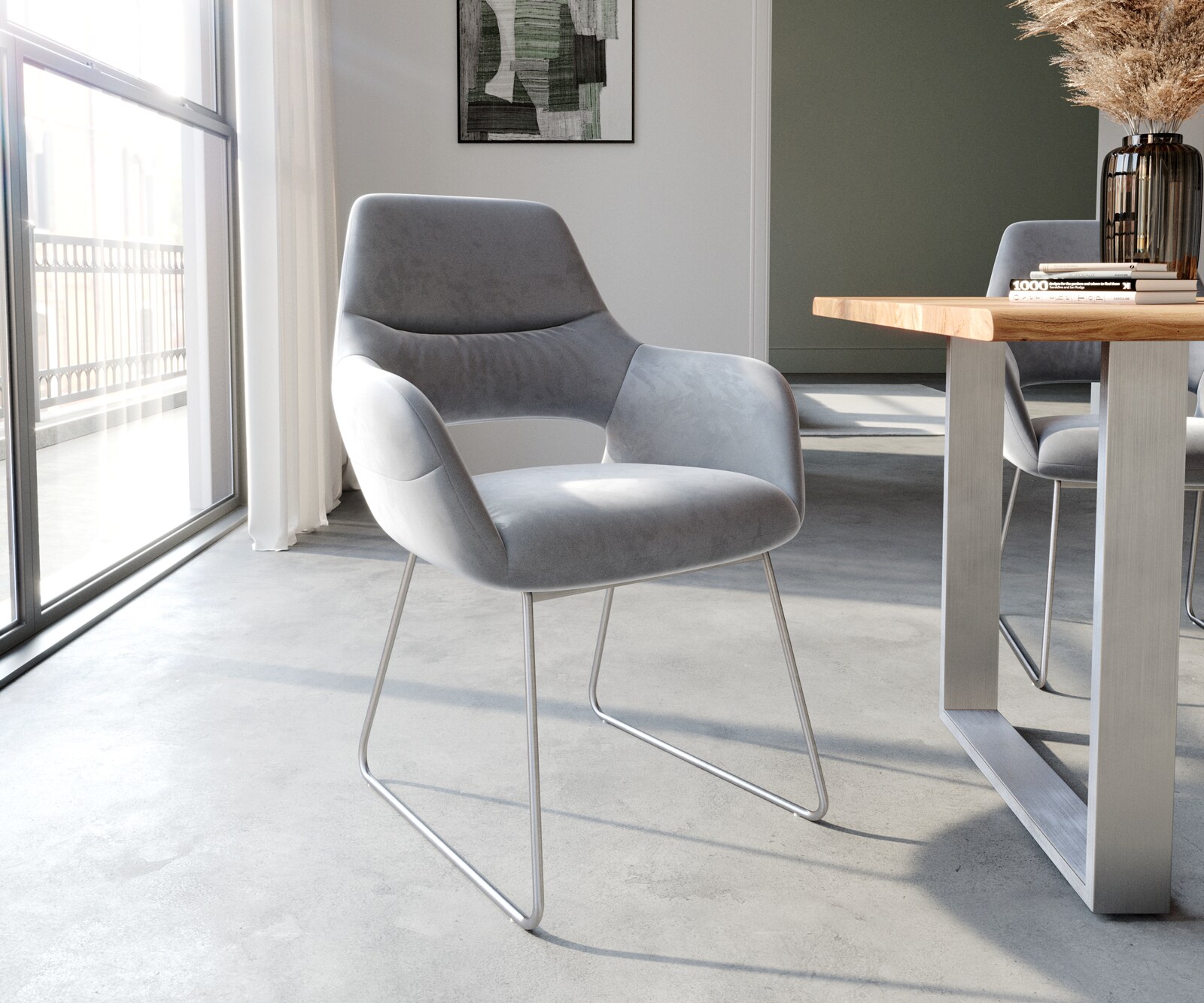 Chaise-de-salle-à-manger Yago-Flex avec accoudoirs velours gris pied trapèze acier inoxydable brossé ressorts ensachés
