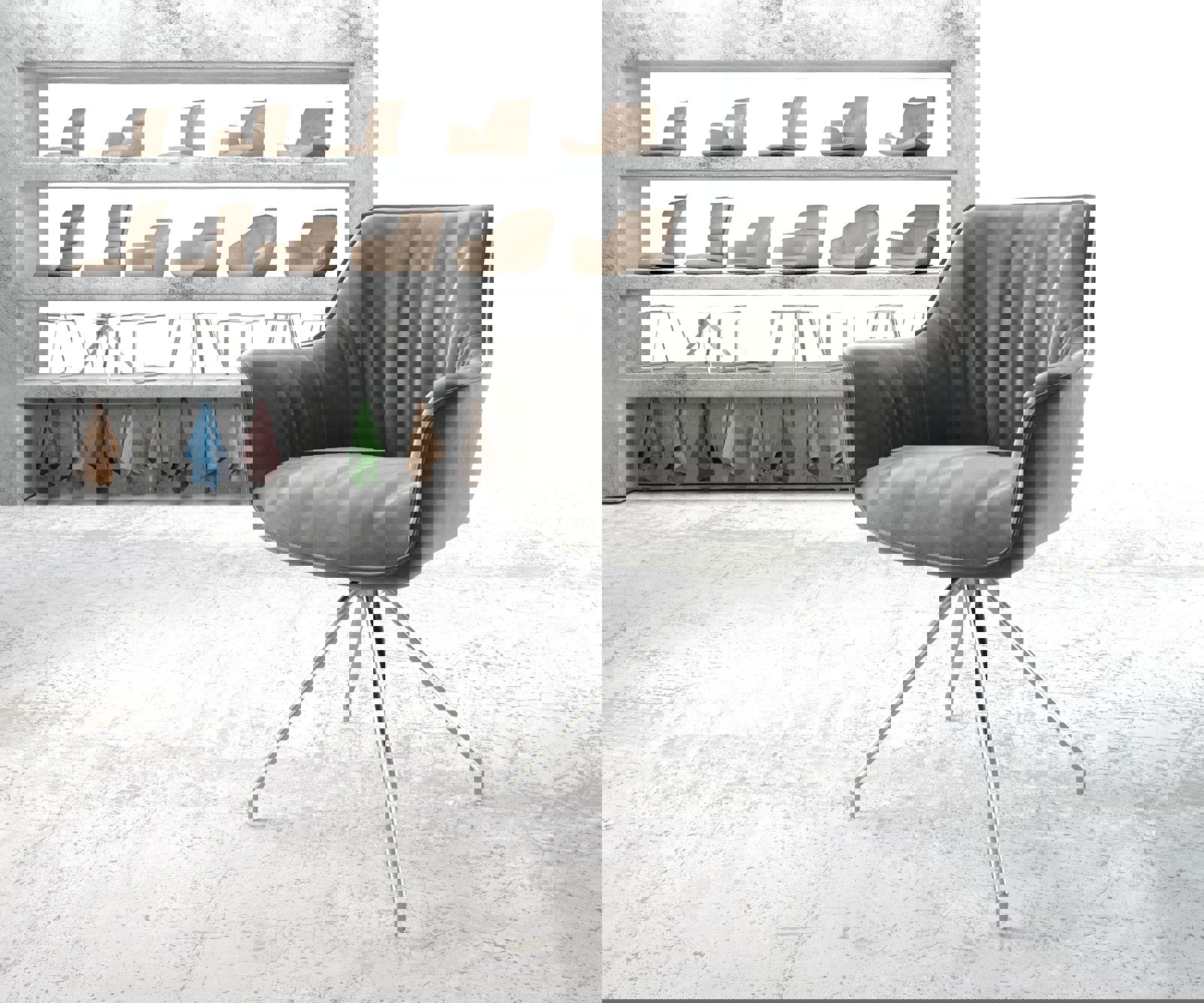Chaise-de-salle-à-manger Keila-Flex avec accoudoirs velours gris pied croisé conique acier inoxydable brossé 1