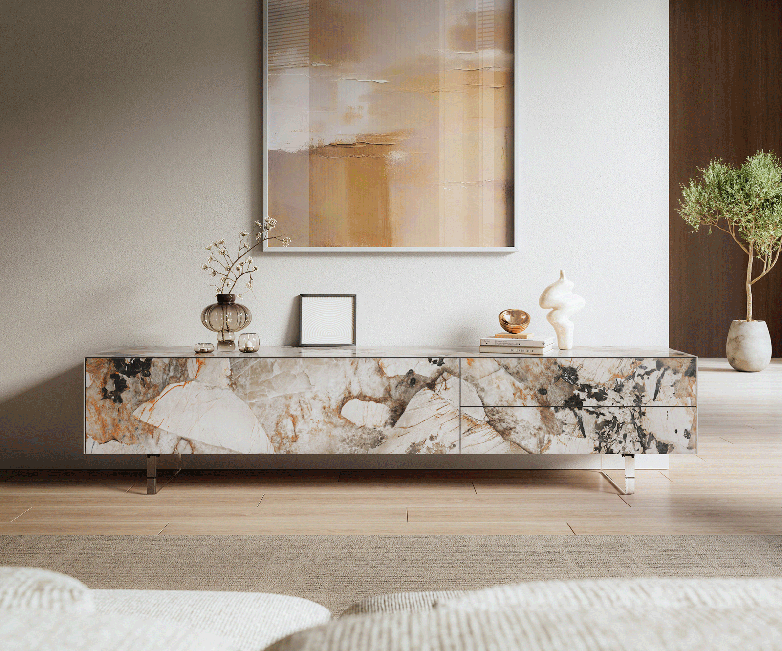 Meuble-TV Cuor 220 cm Céramique Patagonia raffinée 1 Clapet 2 Tiroirs Pied optique flottant Verre acrylique 1