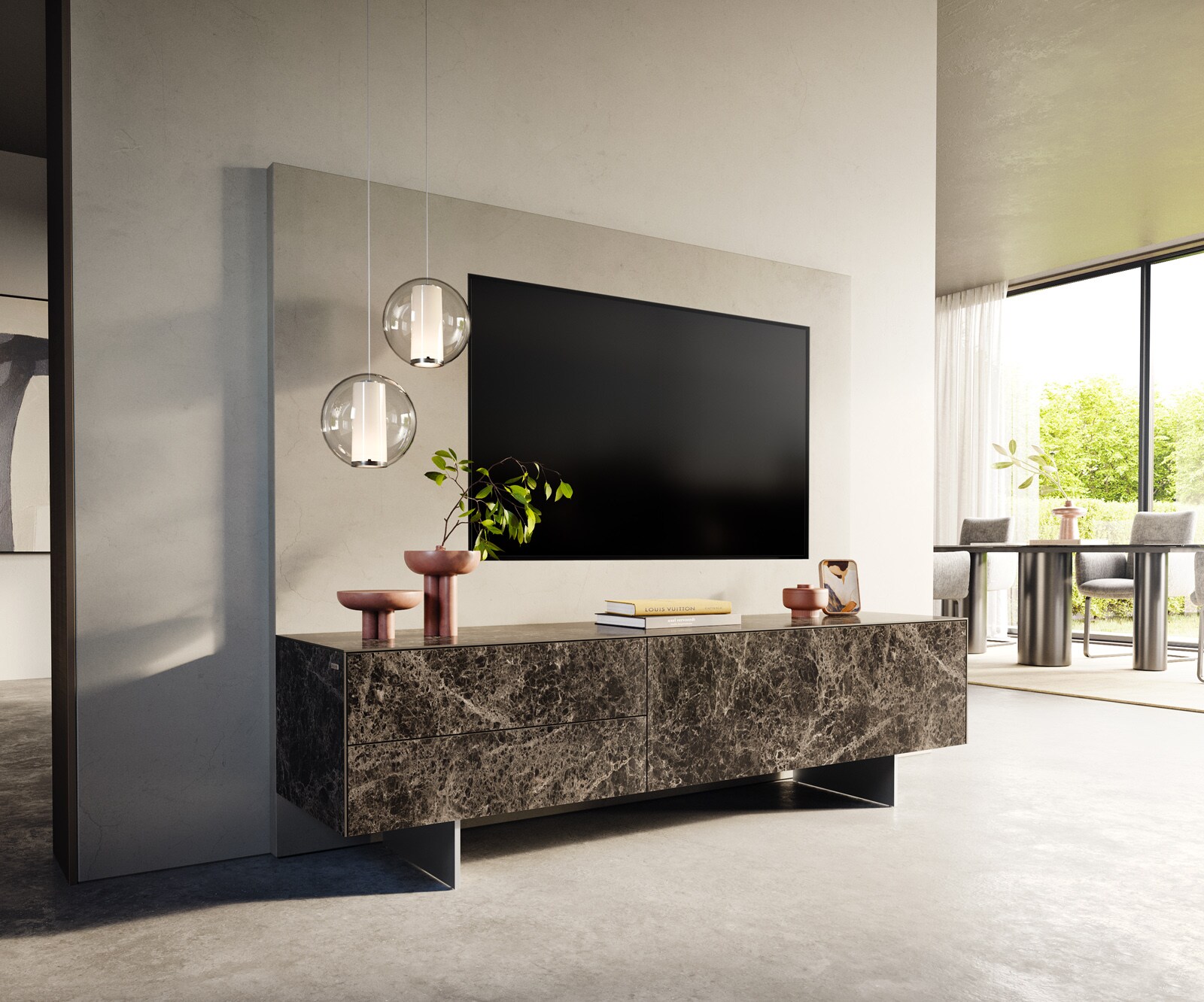 Meuble-TV Cuor 180 cm Céramique Emperador Extra Lucidato brun foncé 1 Clapet 2 Tiroirs Pied optique flottant Ancier inoxydable 1