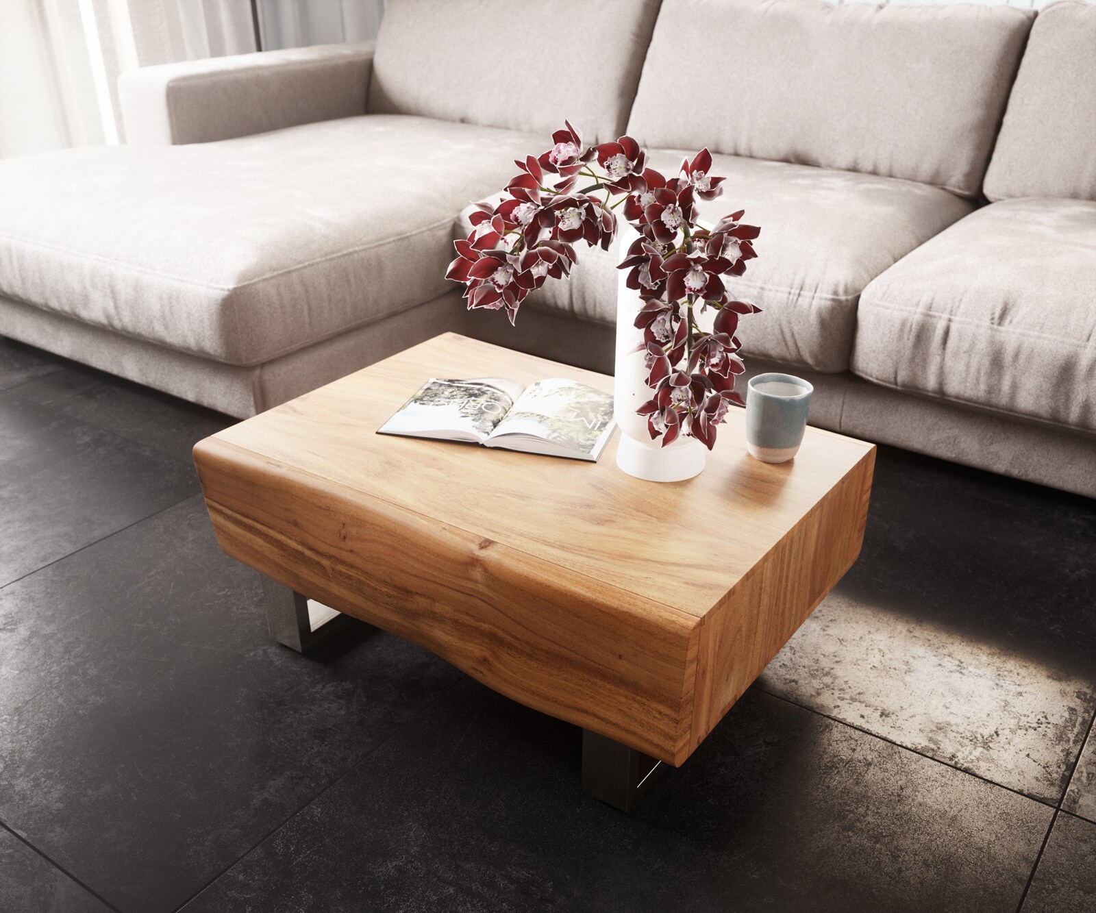 Table-basse New Live-Edge 80x60 cm acacia naturel 2 tiroirs patin inoxydable brossé