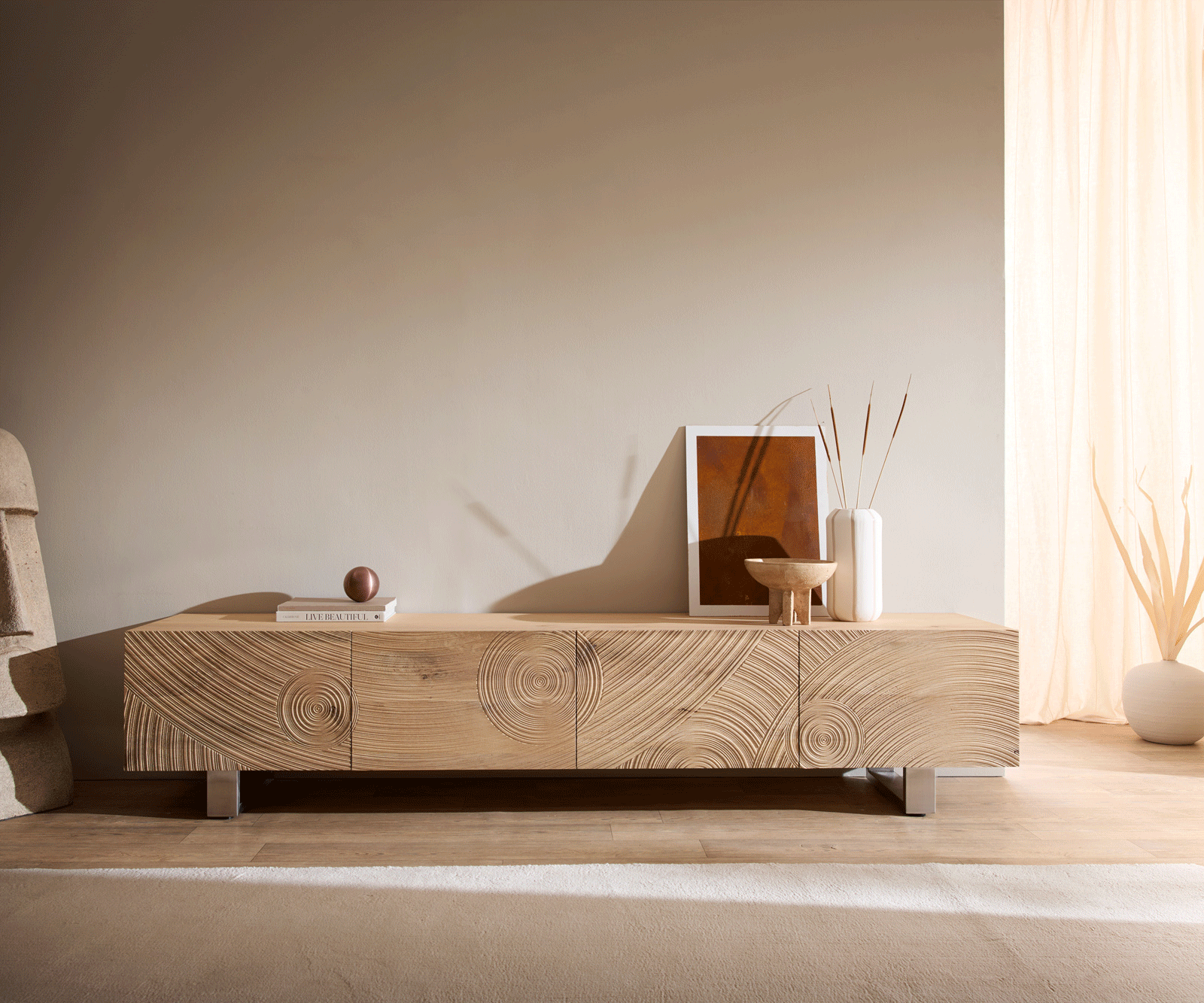 Meuble-TV  Ashara 220 cm chêne naturel effet 3D 4 portes patins en acier inoxydable brossé 4