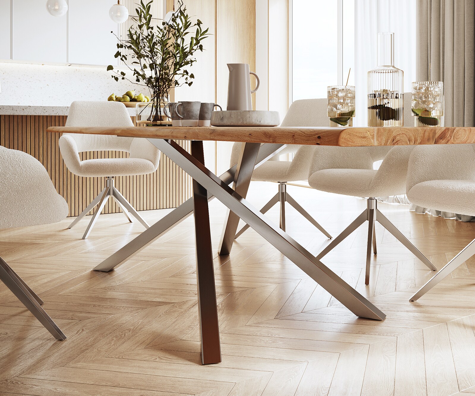 Table à manger Edge 300x100 acacia nature cadre croisé rectangle acier inoxydable Live-Edge 5