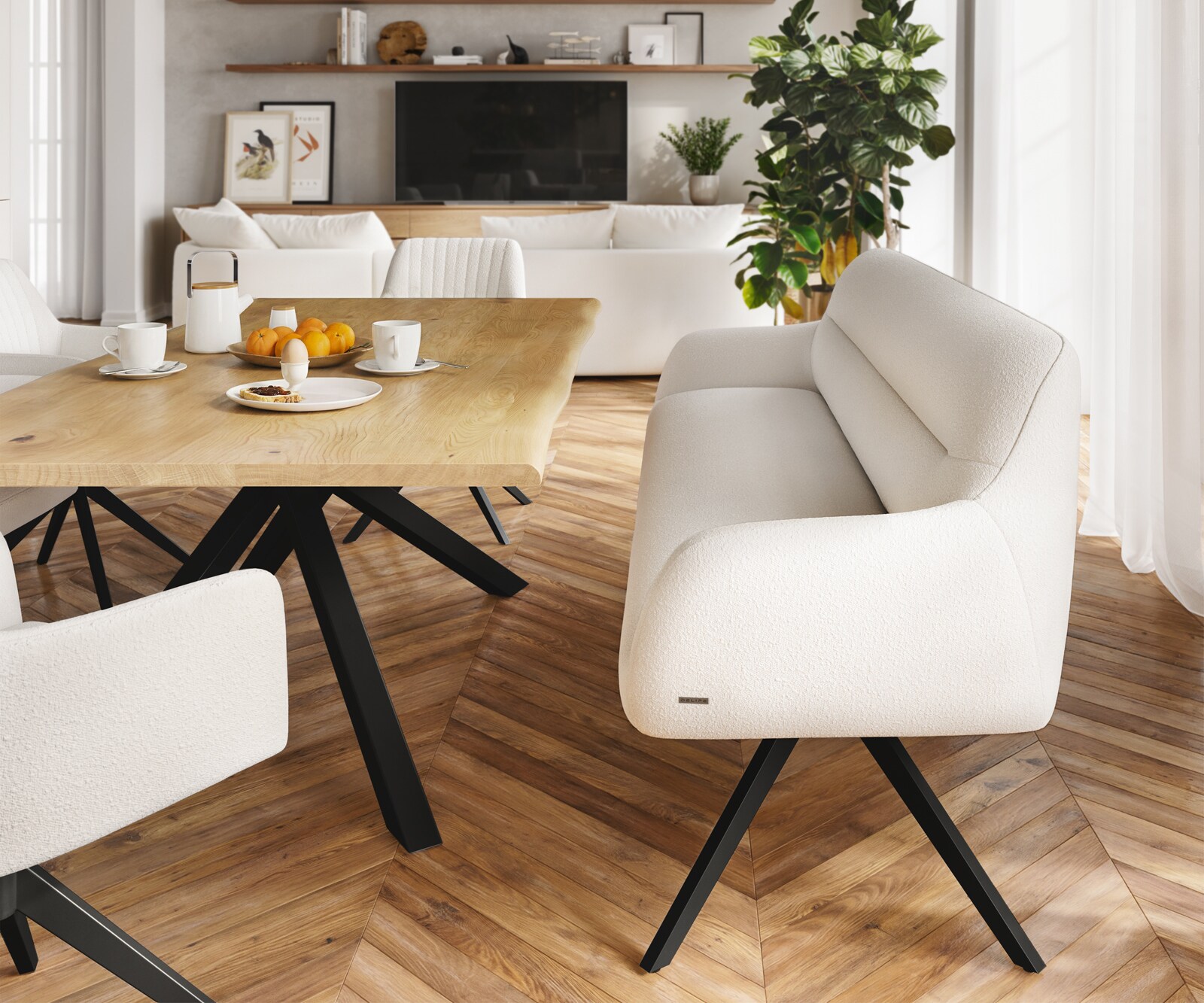 Banc-de-salle-à-manger Taya-Flex 200 cm bouclé crème-blanc pied croisé angulaire noir ressort ensaché 2