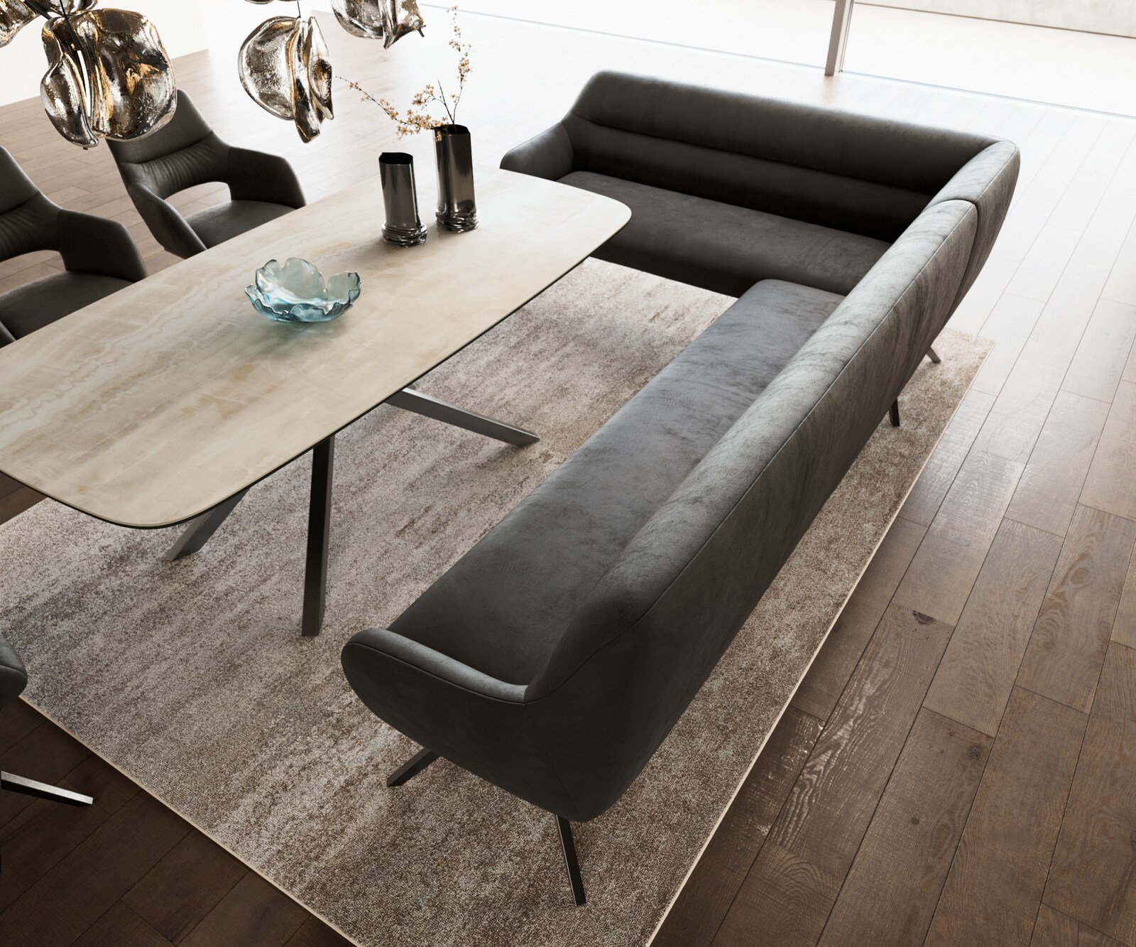 Banc-de-salle-à-manger Taya-Flex 285x190 cm microfibre antracite vintage pied croisé angulaire grafiete ressort ensaché à droite 4