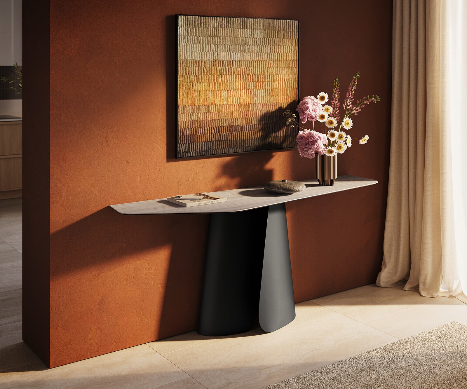 Console Edge Polygonal 180x50 cm Céramique Laminam® Travertino Bianco Creme-Weiß Livos Métal Noir 1