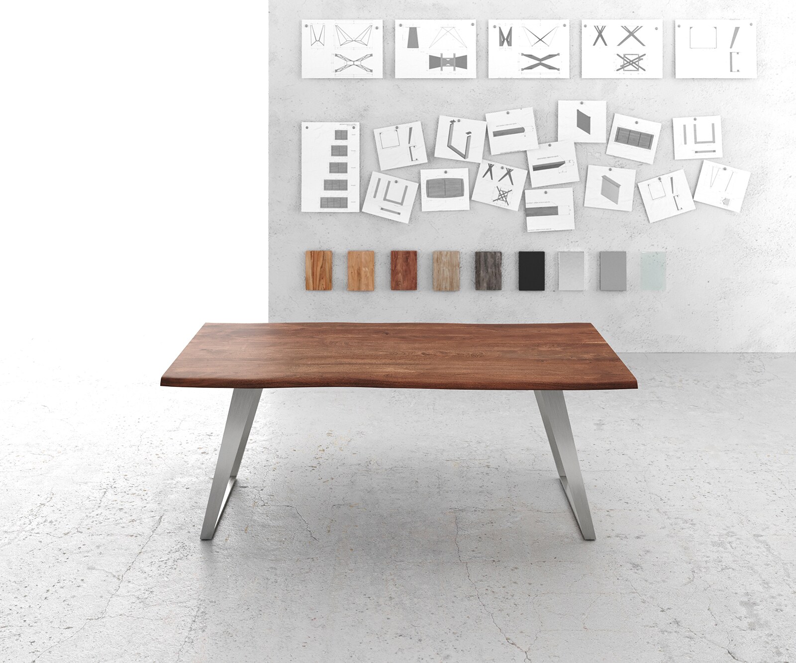 Table-à-manger Edge 200x100cm acacia marron acier inoxydable argent incliné Live-Edge 1 Table-à-manger Edge 200x100cm acacia marron acier inoxydable argent incliné Live-Edge 1