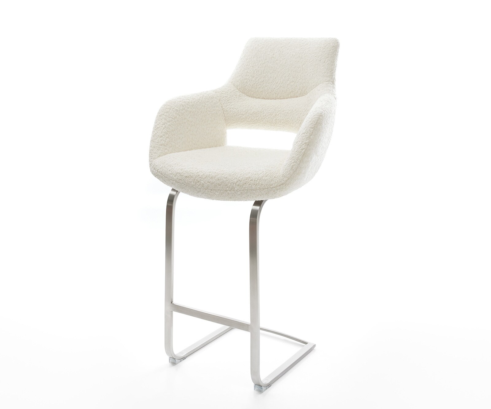 Chaise-de-bar Yago-Flex Bouclé Blanc Piétement luge plat Acier inoxydable Ressorts ensachés