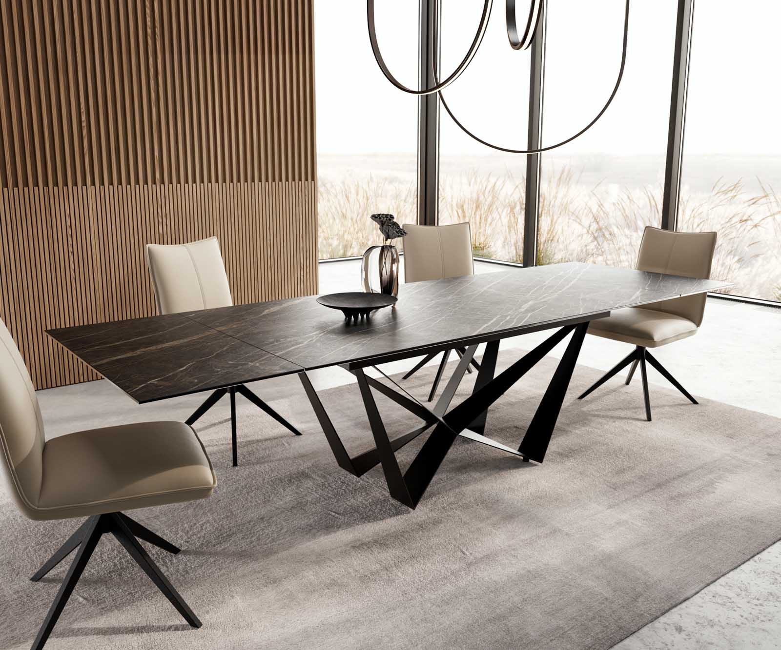 Table à manger Edge 200-300x100 céramique Laminam®Noir Desir marron Spider acier plat noir extensible 7