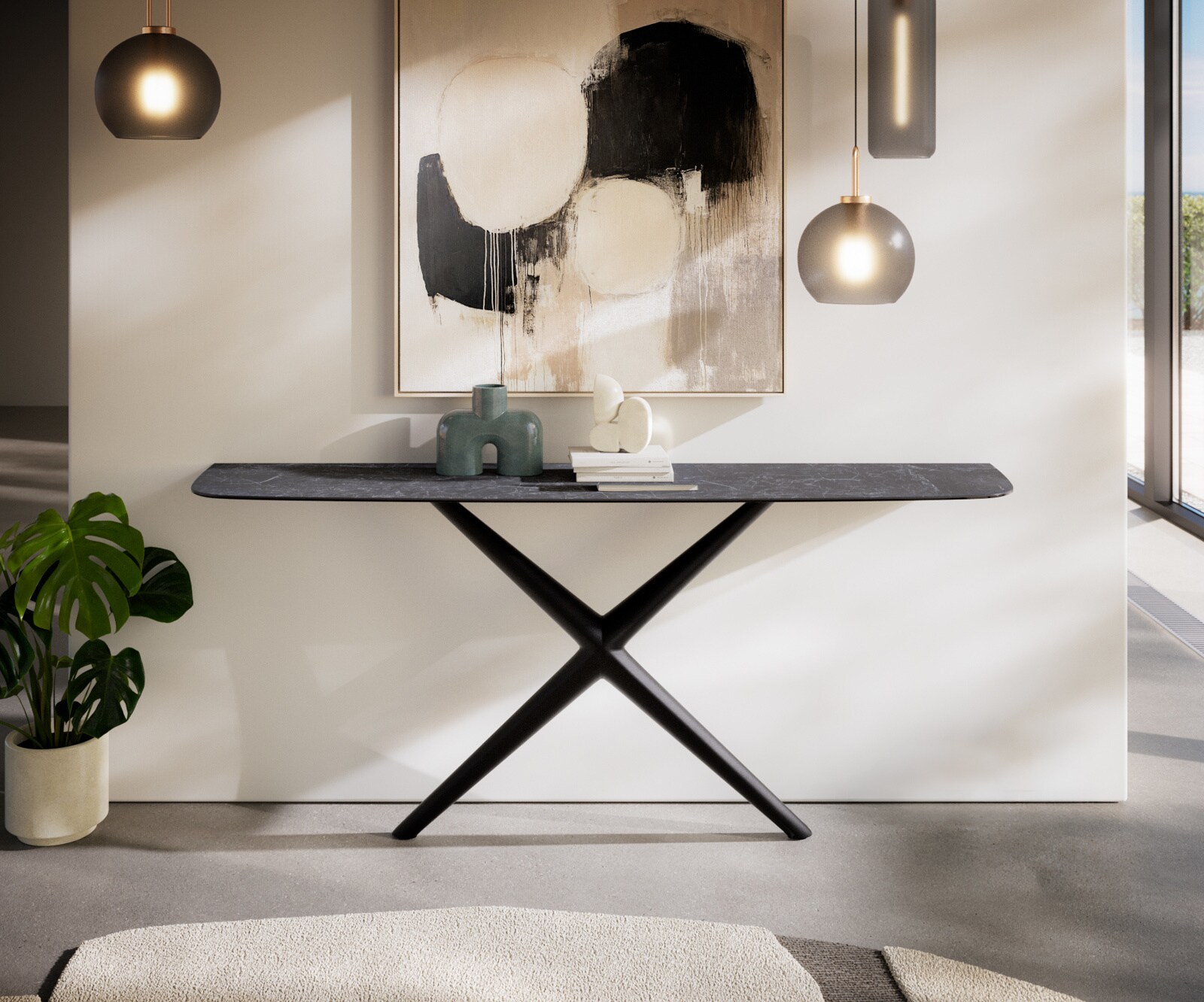 Console Edge forme bateau 180x40 cm Céramique Laminam® Nero Greco Anthrazit Estelo Métal Noir 1